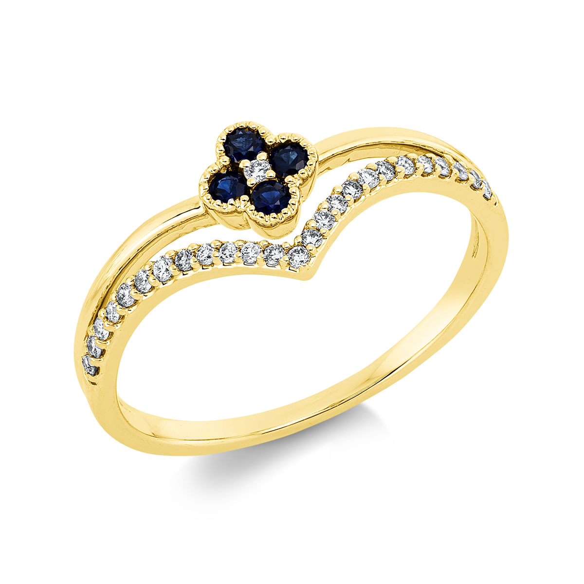 diamond full cut sapphire colored stone classic ring in yellow gold