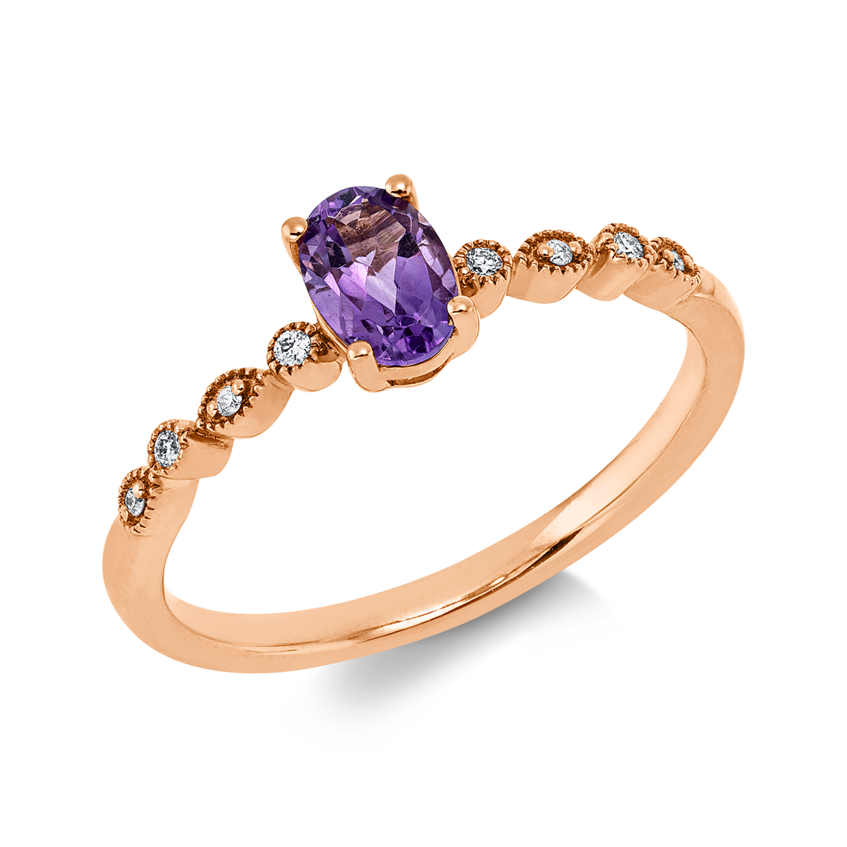 diamond full cut amethyst colored stone fashion ring in red gold