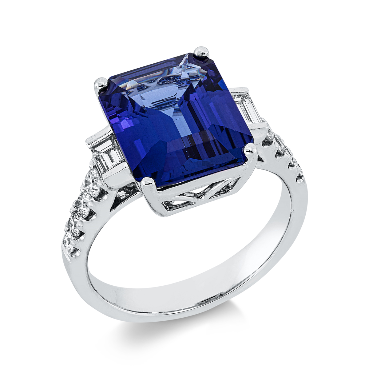 diamond full cut tanzanite colored stone classic ring in white gold