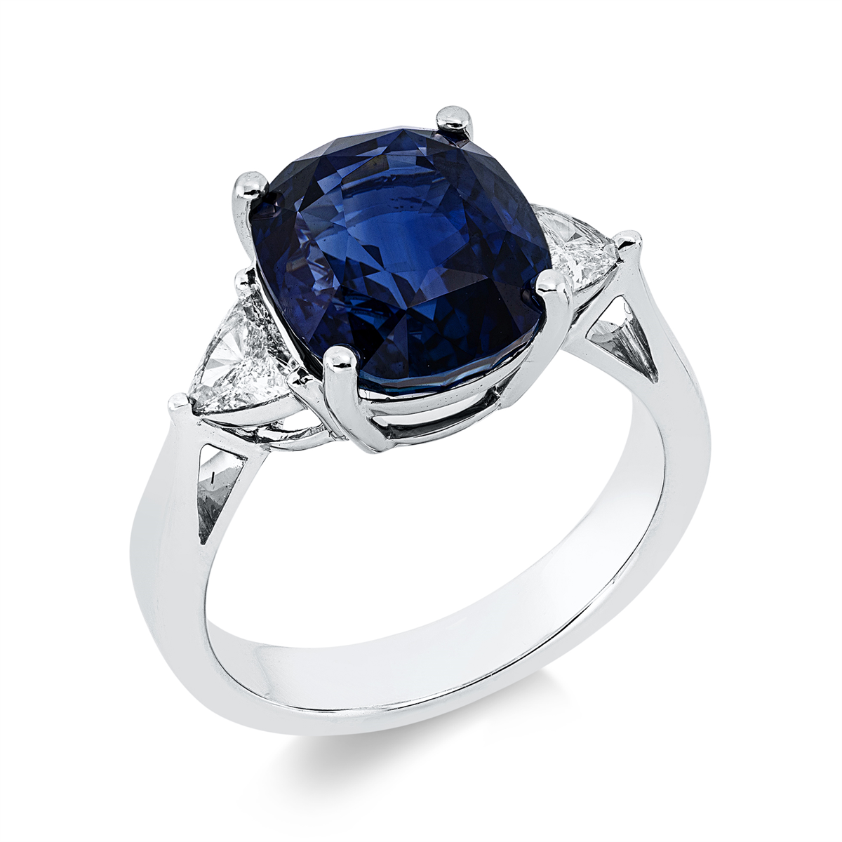 triangle cut sapphire colored stone classic ring in white gold
