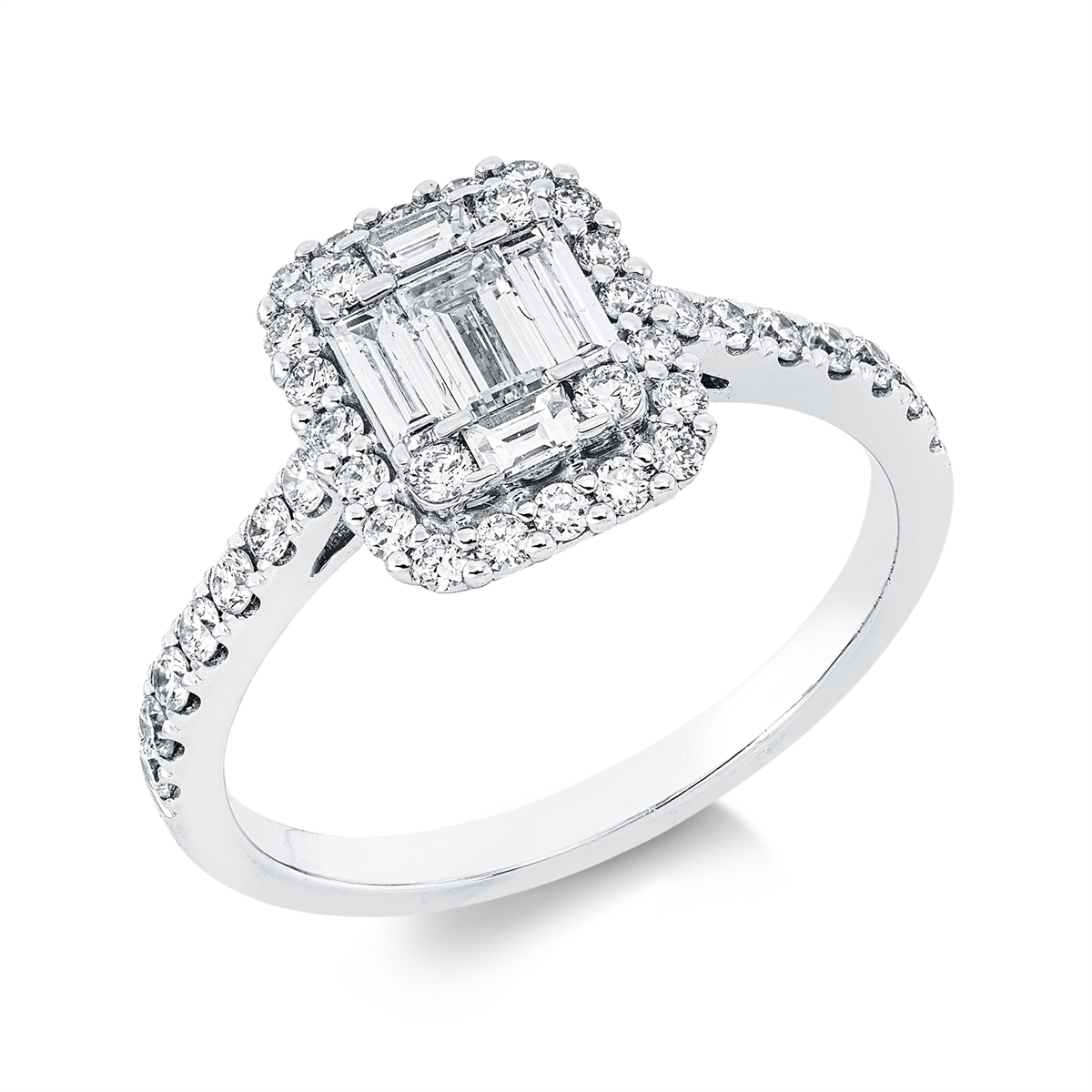 diamond full cut baguette illusion ring in white gold