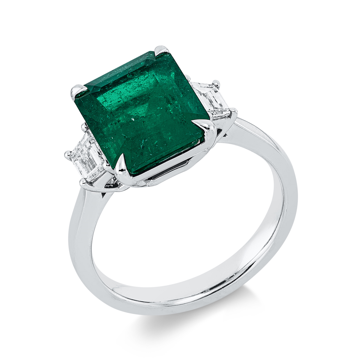 taper emerald colored stone classic ring in white gold