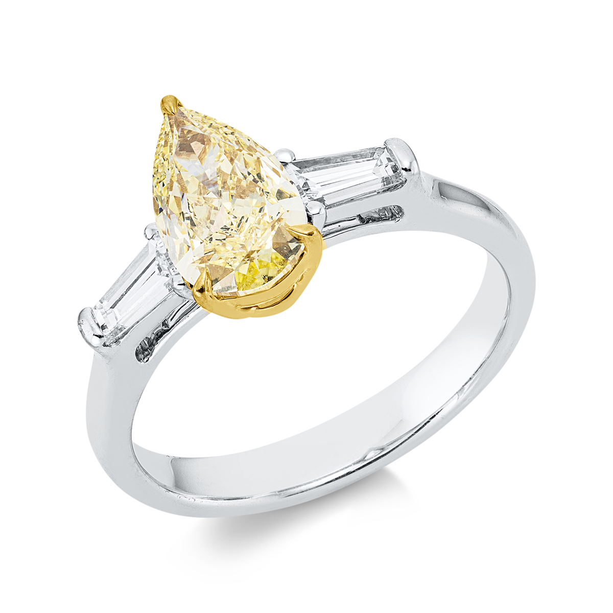 taper fancy colored diamond ring in white gold / yellow gold