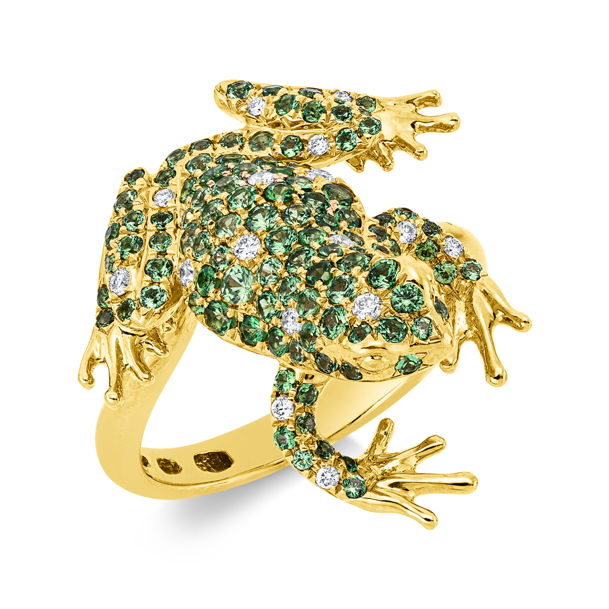 diamond full cut tsavorite animal ring in yellow gold