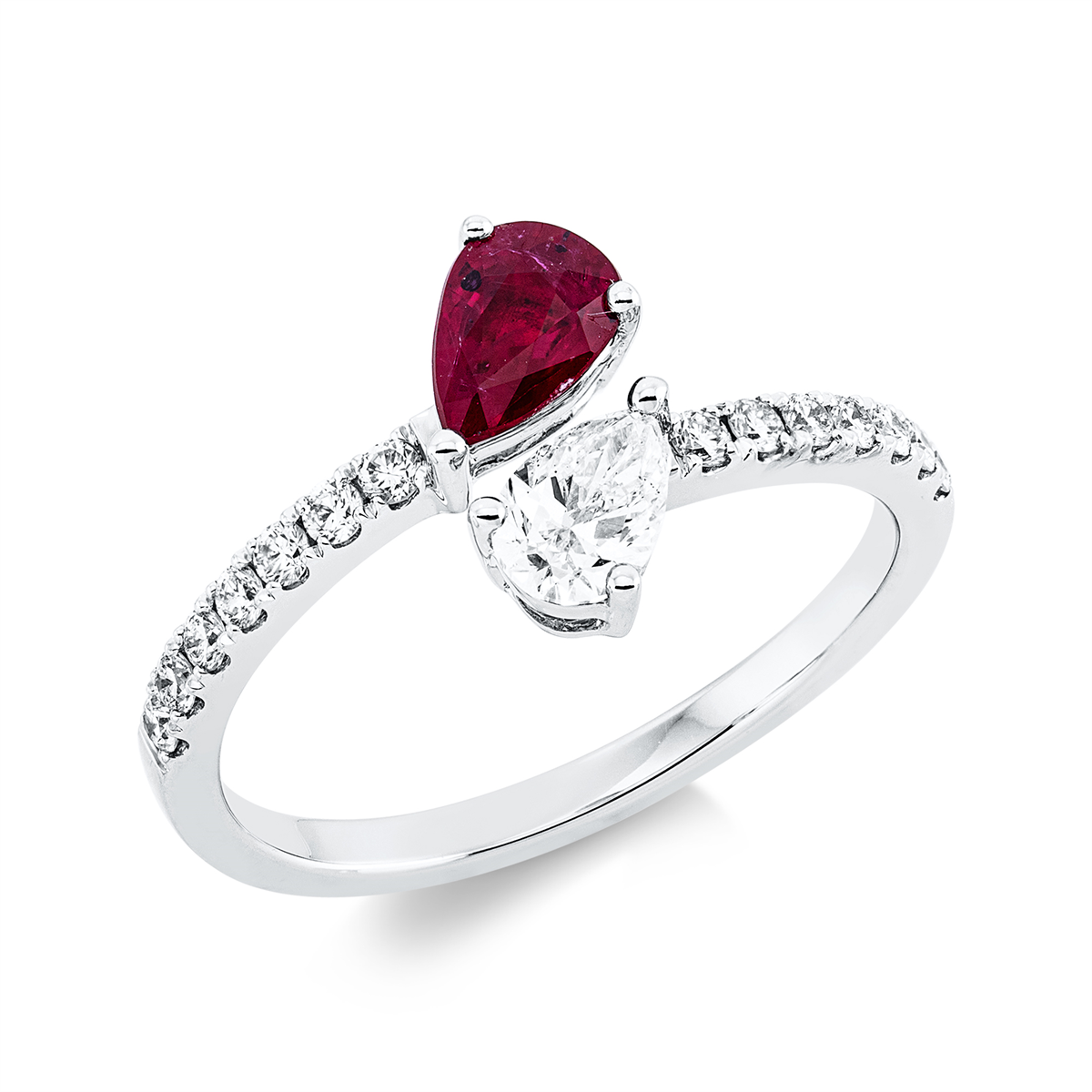 fantasy-cut ruby colored stone classic ring in white gold