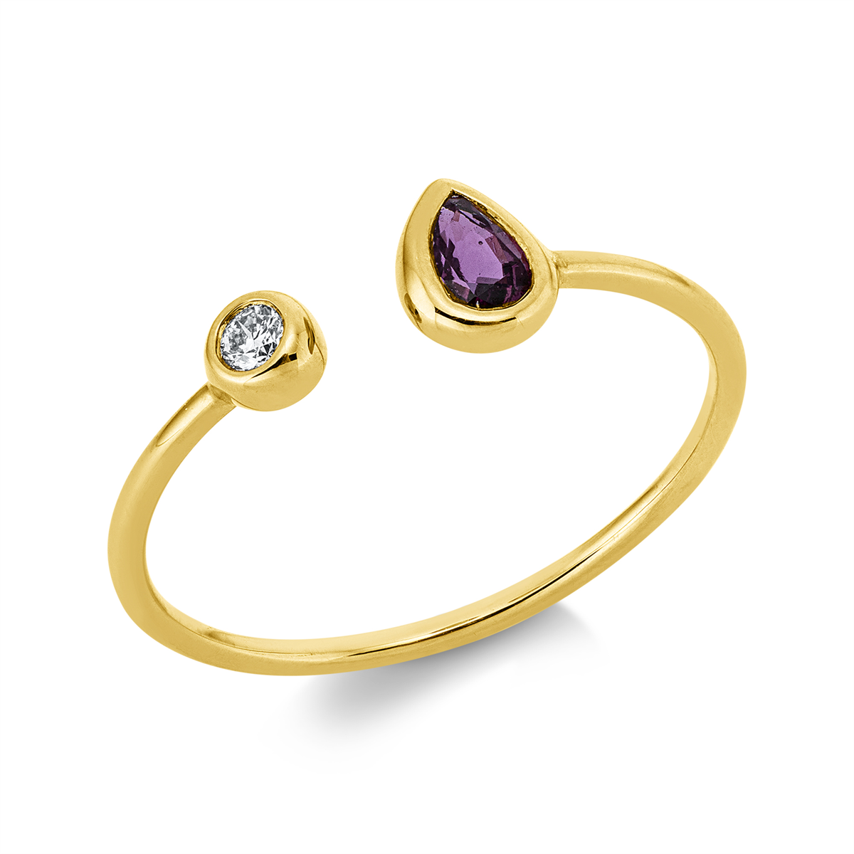 diamond full cut ruby colored stone classic ring in yellow gold