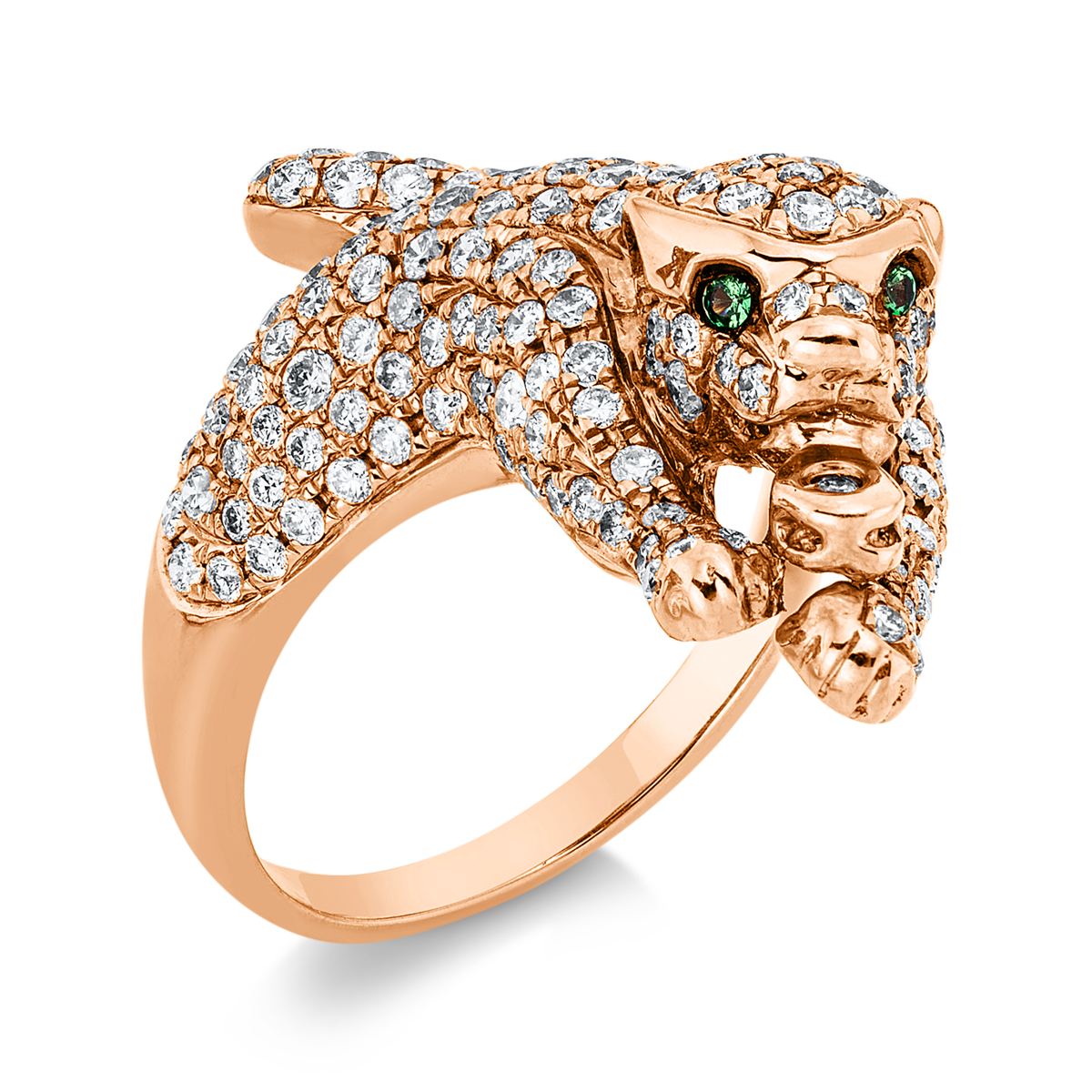 diamond full cut tsavorite animal ring in red gold