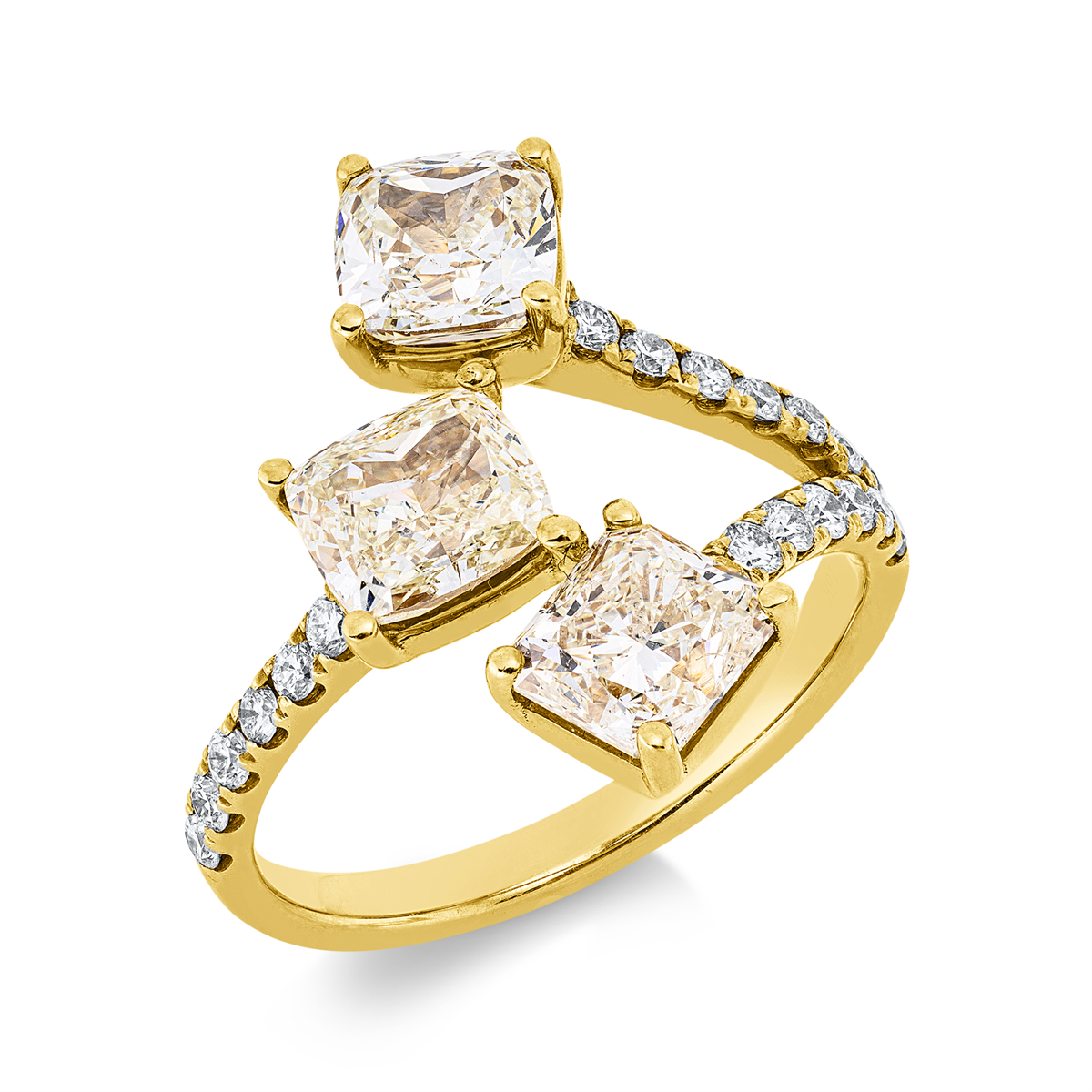 cushion fancy colored diamond ring in yellow gold