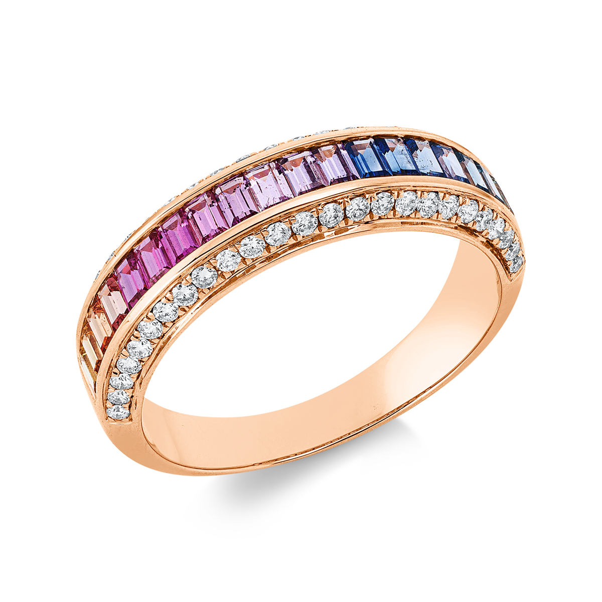 diamond full cut sapphire rainbow & multicolor ring in red gold