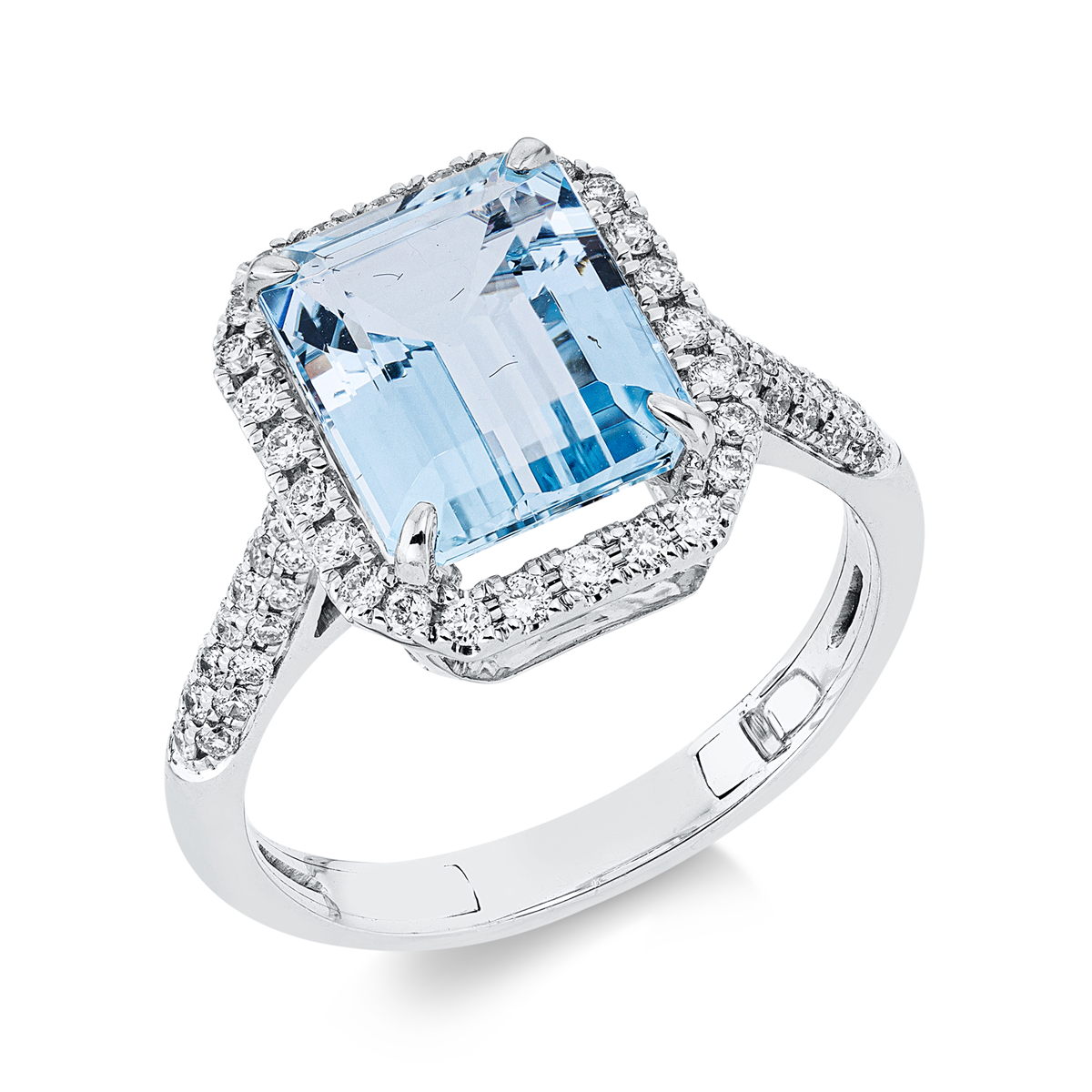 diamond full cut aquamarine colored stone classic ring in white gold