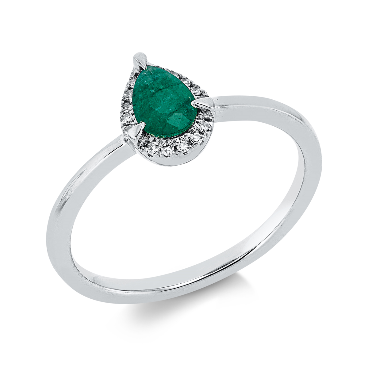 diamond single cut emerald colored stone classic ring in white gold