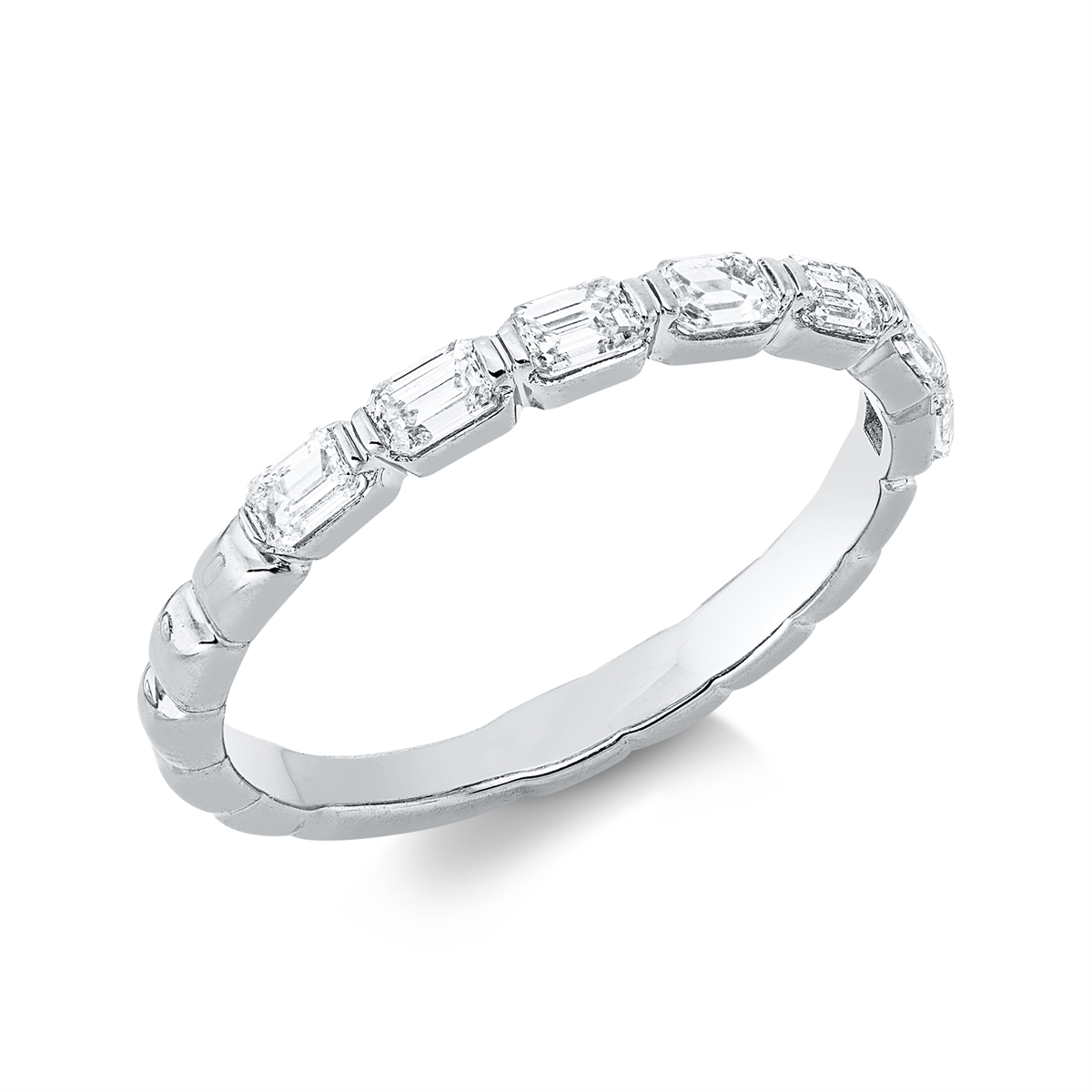 emerald cut modern woman ring in white gold