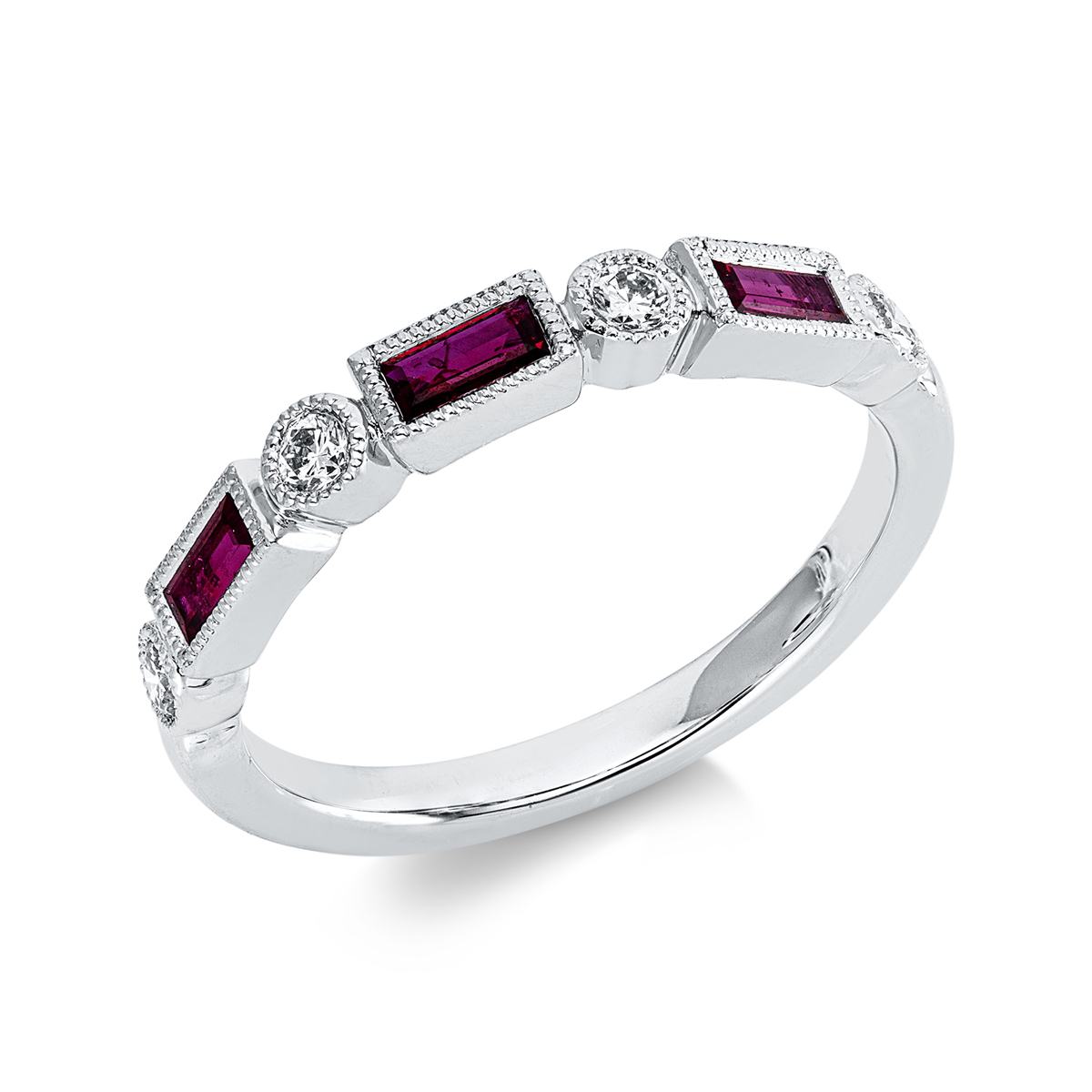 diamond full cut ruby colored stone classic ring in white gold