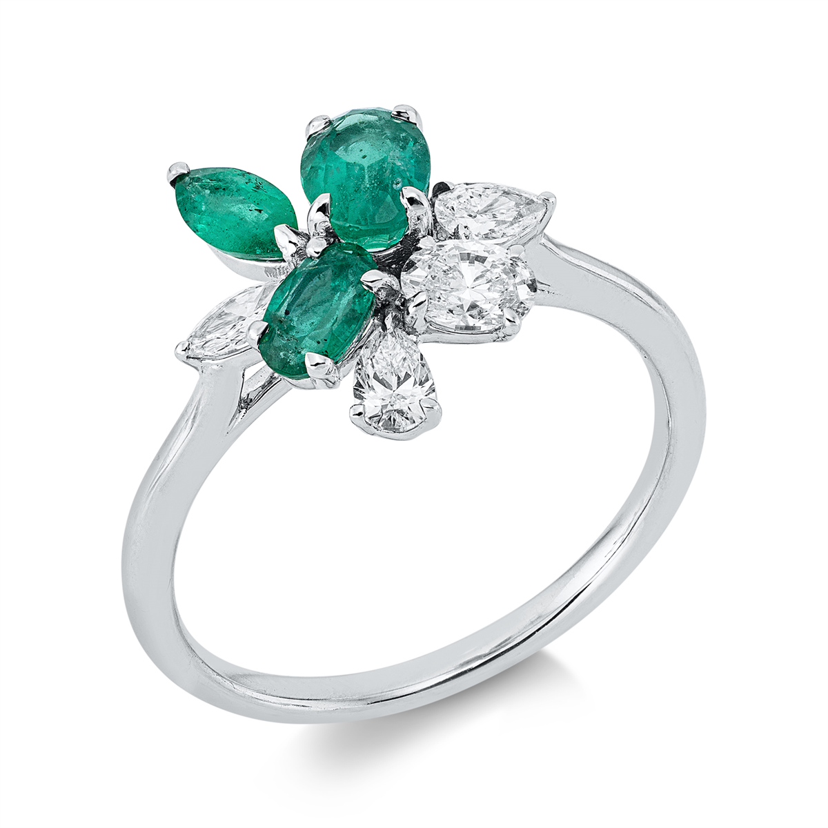 marquise emerald colored stone classic ring in white gold