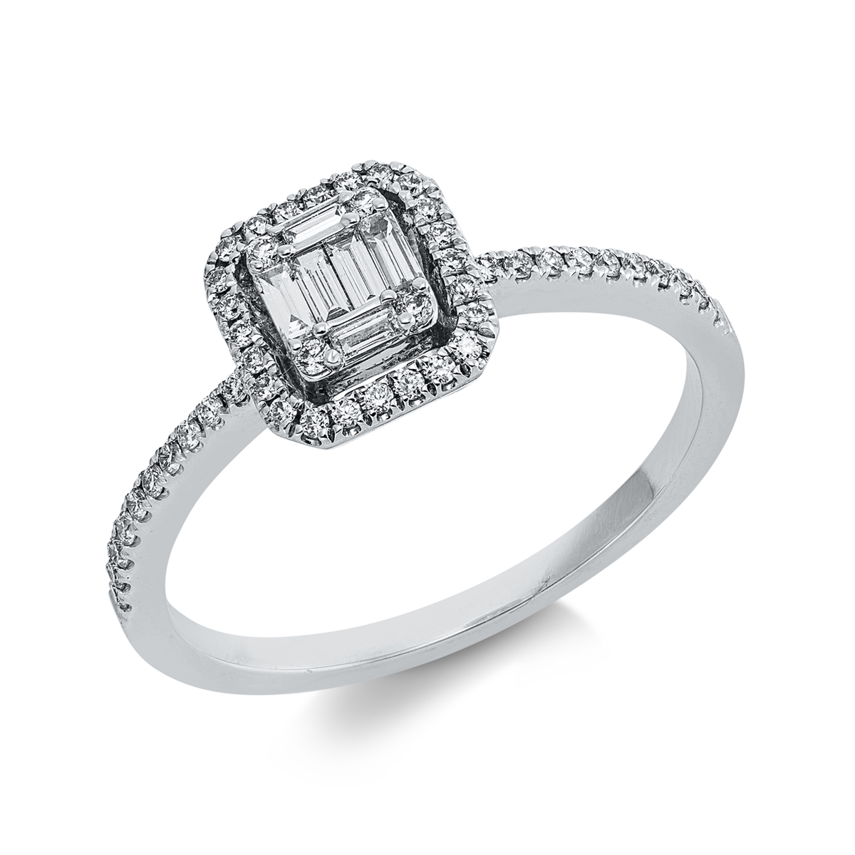 diamond full cut baguette illusion ring in white gold