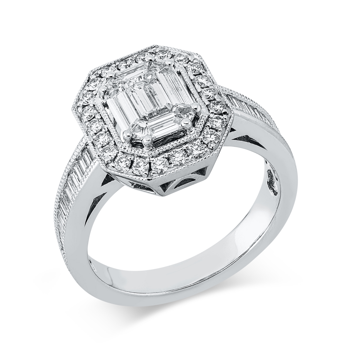 diamond full cut baguette illusion ring in white gold