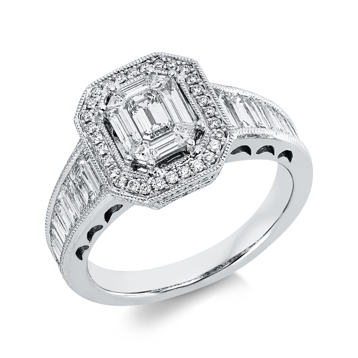 diamond full cut baguette illusion ring in white gold