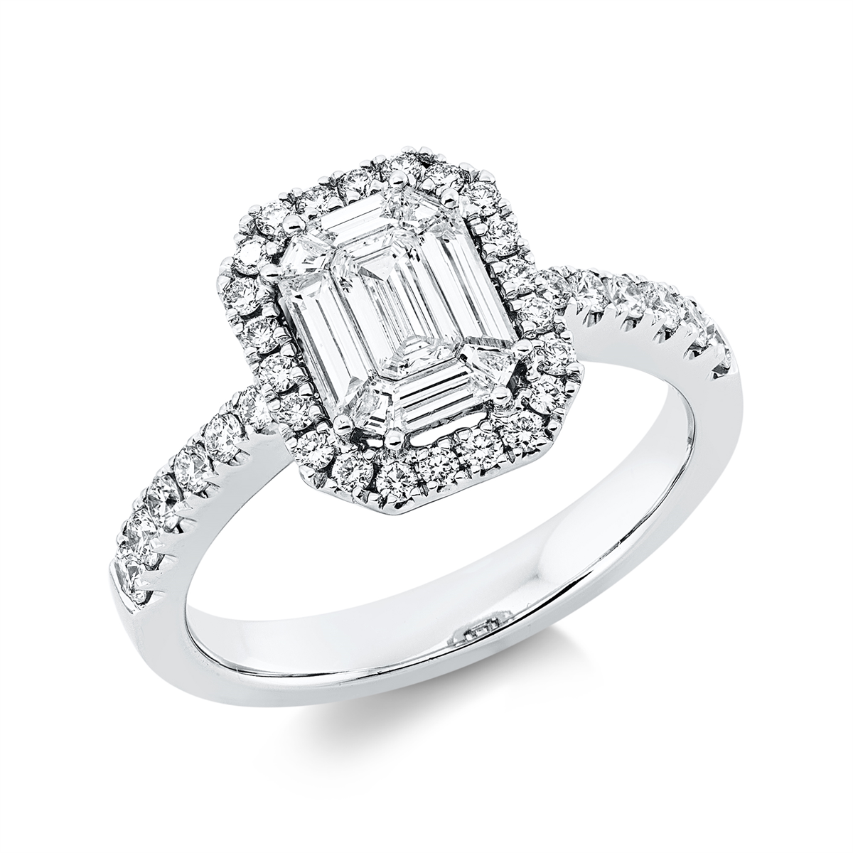 diamond full cut baguette illusion ring in white gold