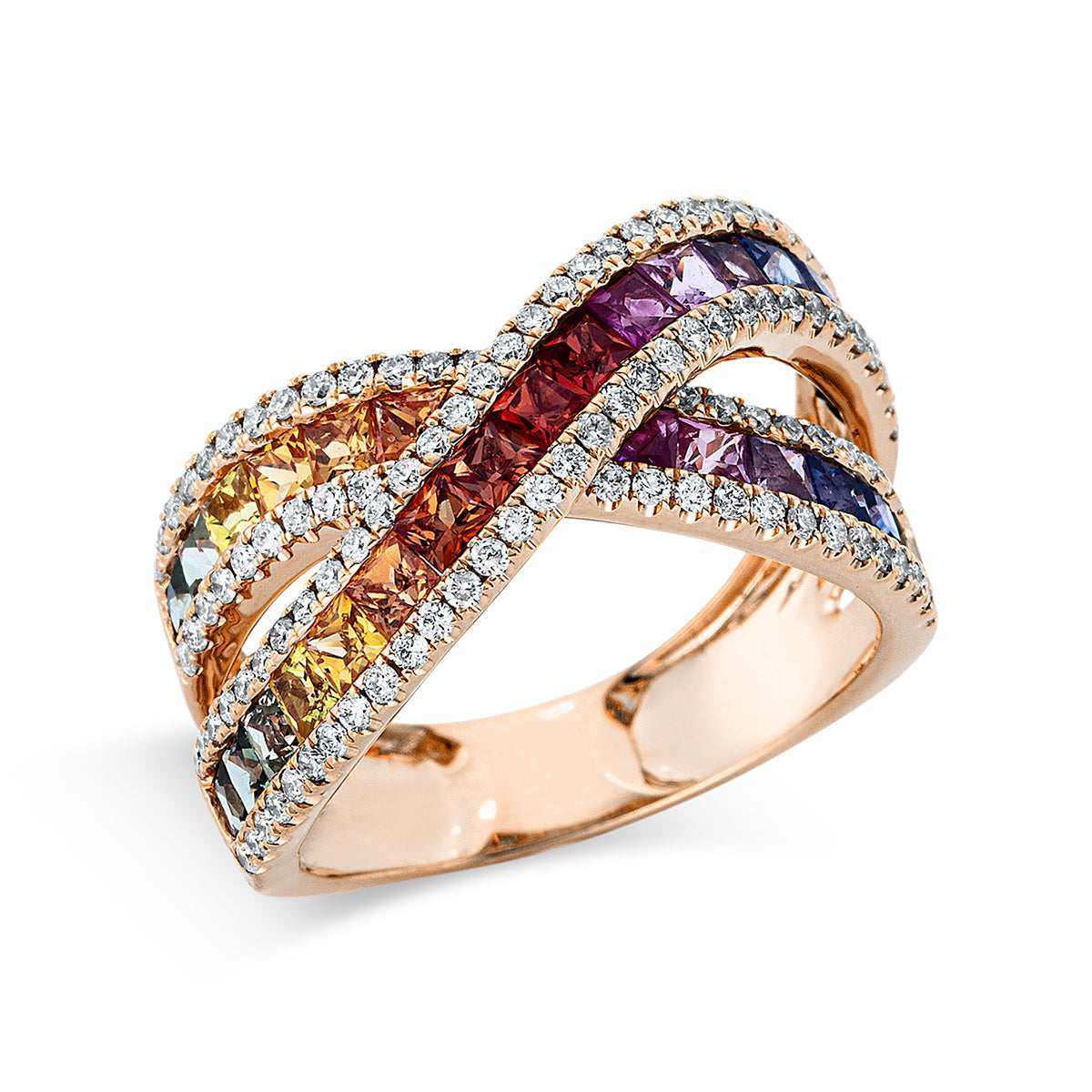 diamond full cut sapphire rainbow & multicolor ring in red gold