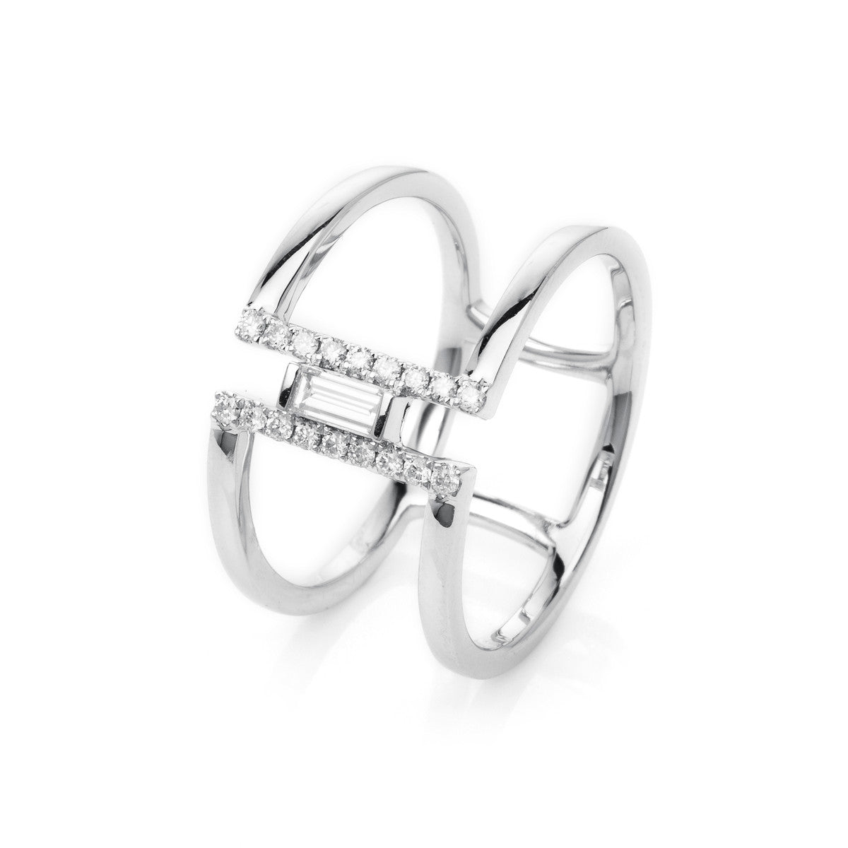 diamond full cut baguette ring in white gold