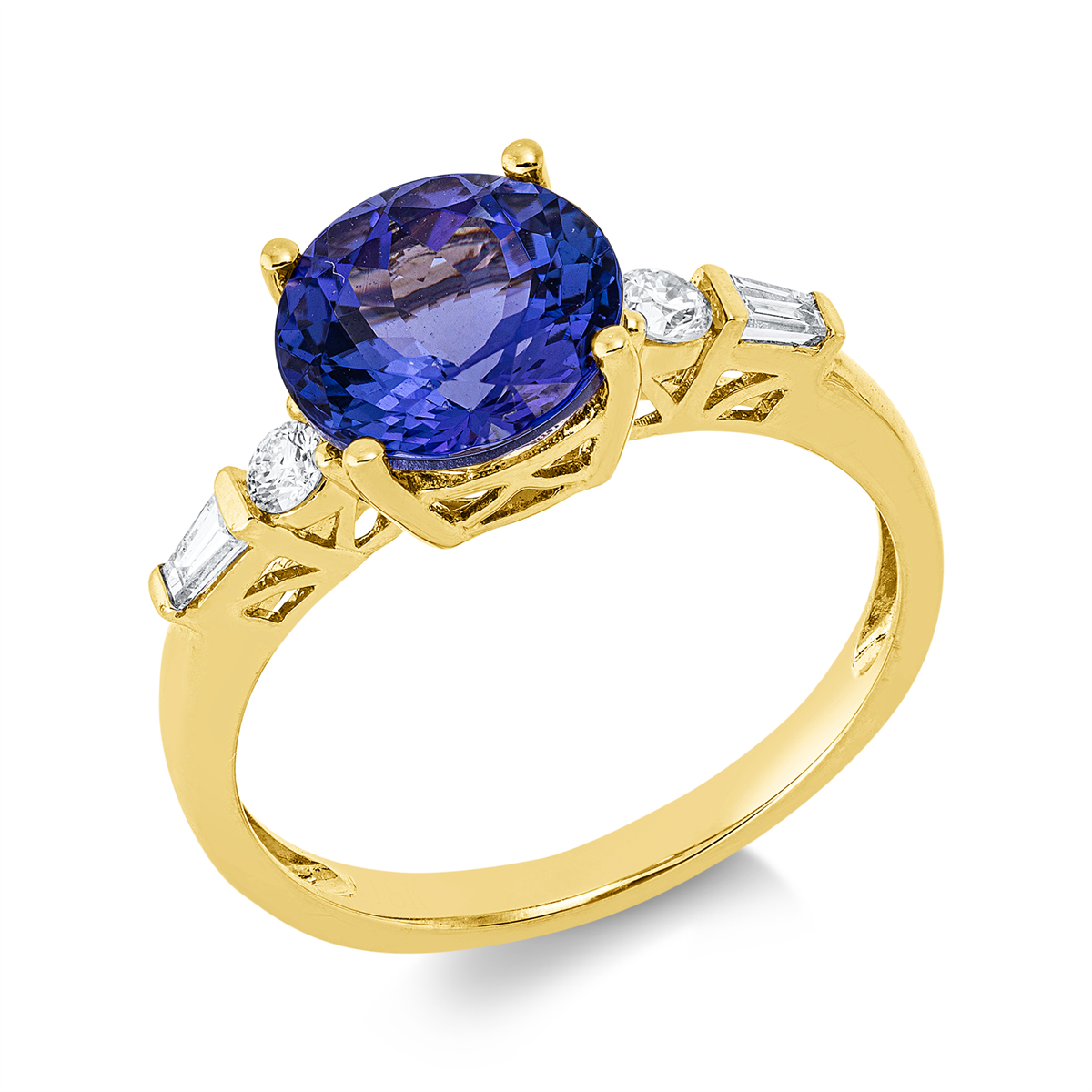 diamond full cut tanzanite colored stone classic ring in yellow gold