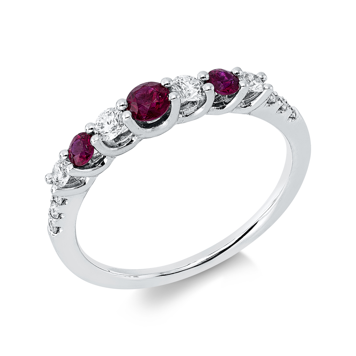 diamond full cut ruby colored stone classic ring in white gold