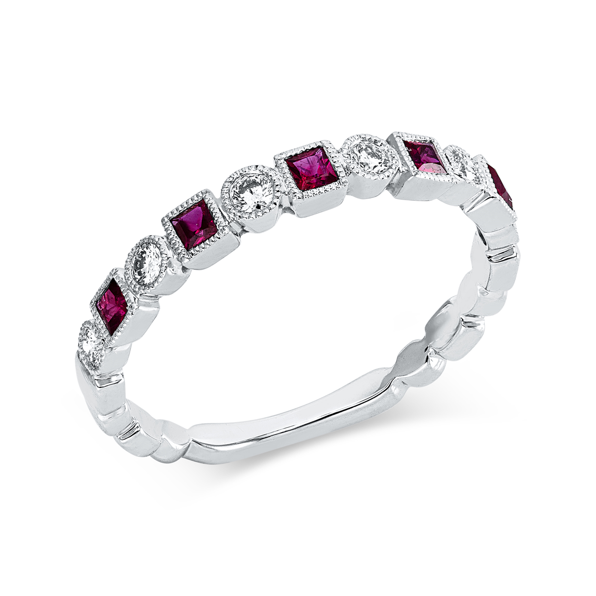 diamond full cut ruby colored stone classic ring in white gold