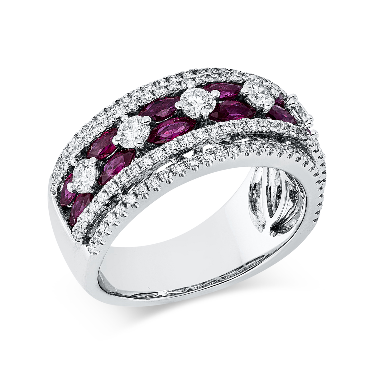 diamond full cut ruby colored stone classic ring in white gold