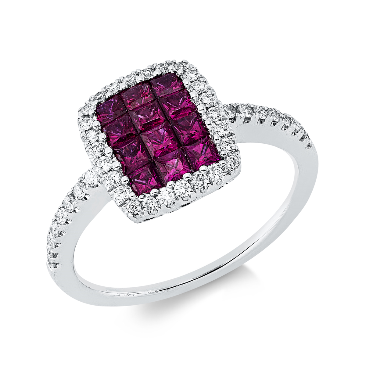 diamond full cut ruby colored stone classic ring in white gold