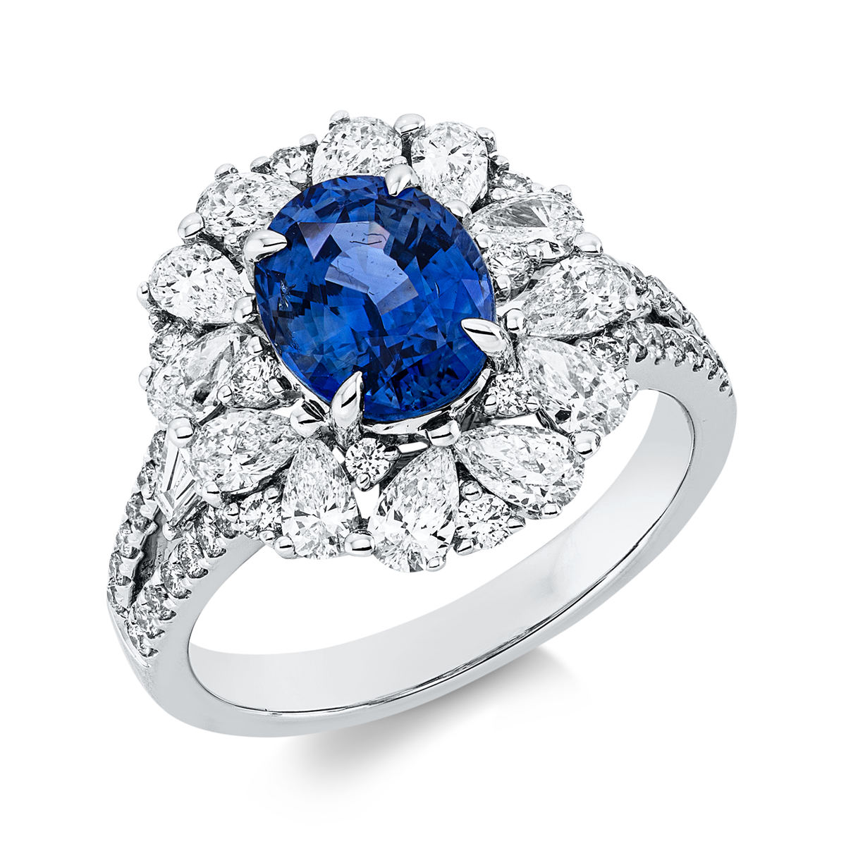diamond full cut sapphire colored stone classic ring in white gold