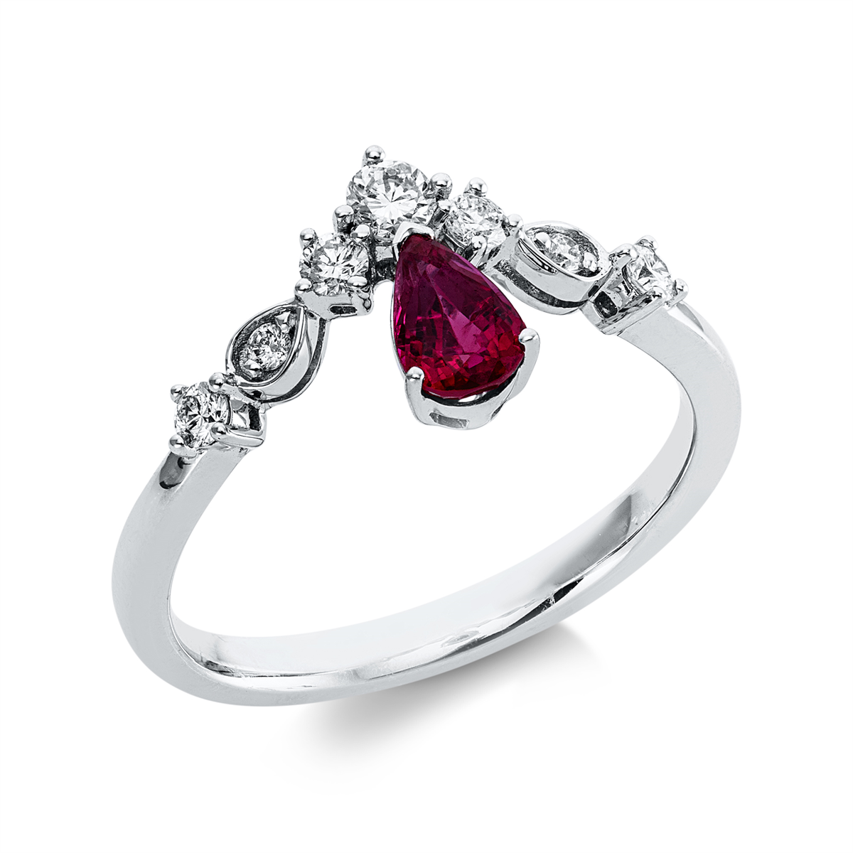diamond full cut ruby colored stone classic ring in white gold