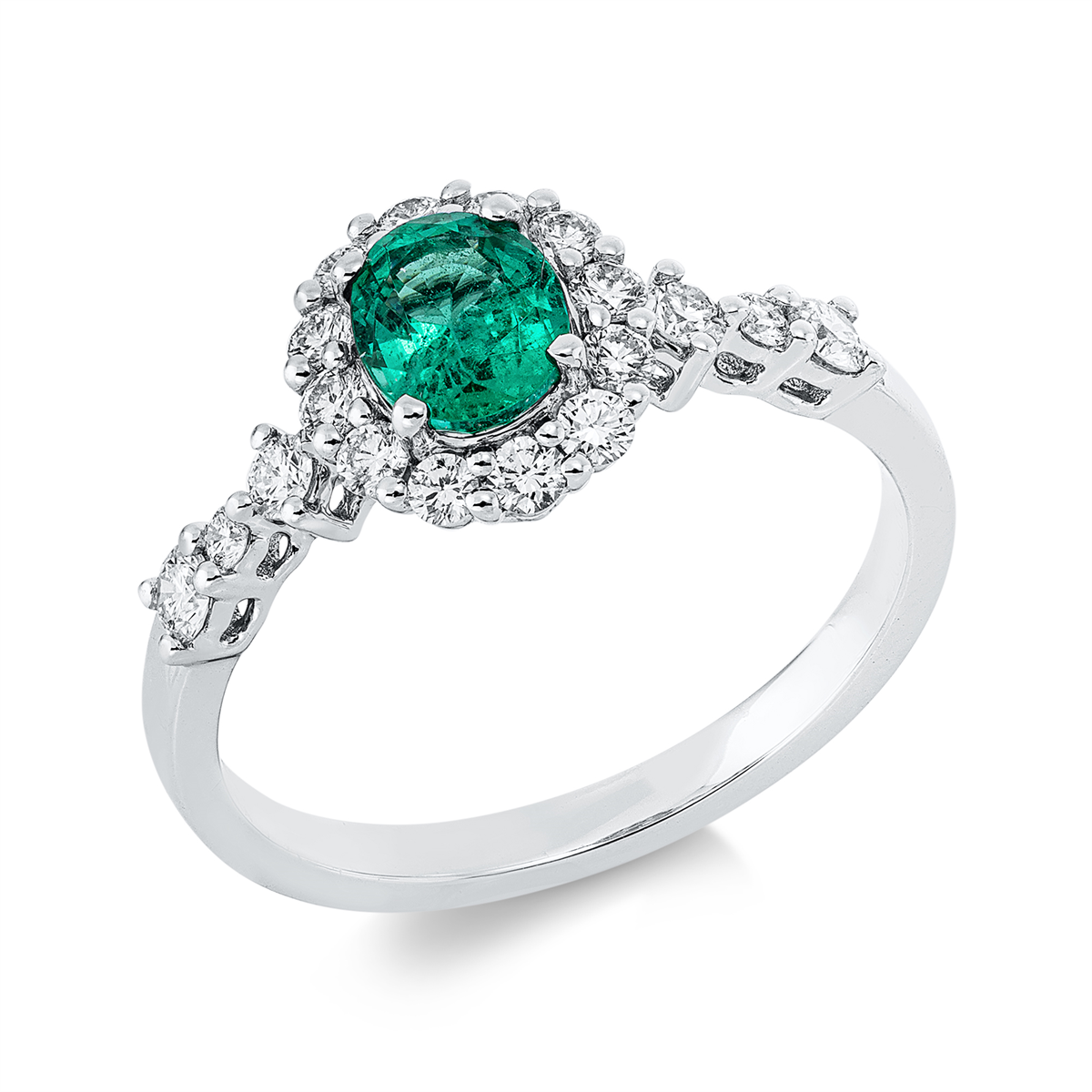 diamond full cut emerald colored stone classic ring in white gold