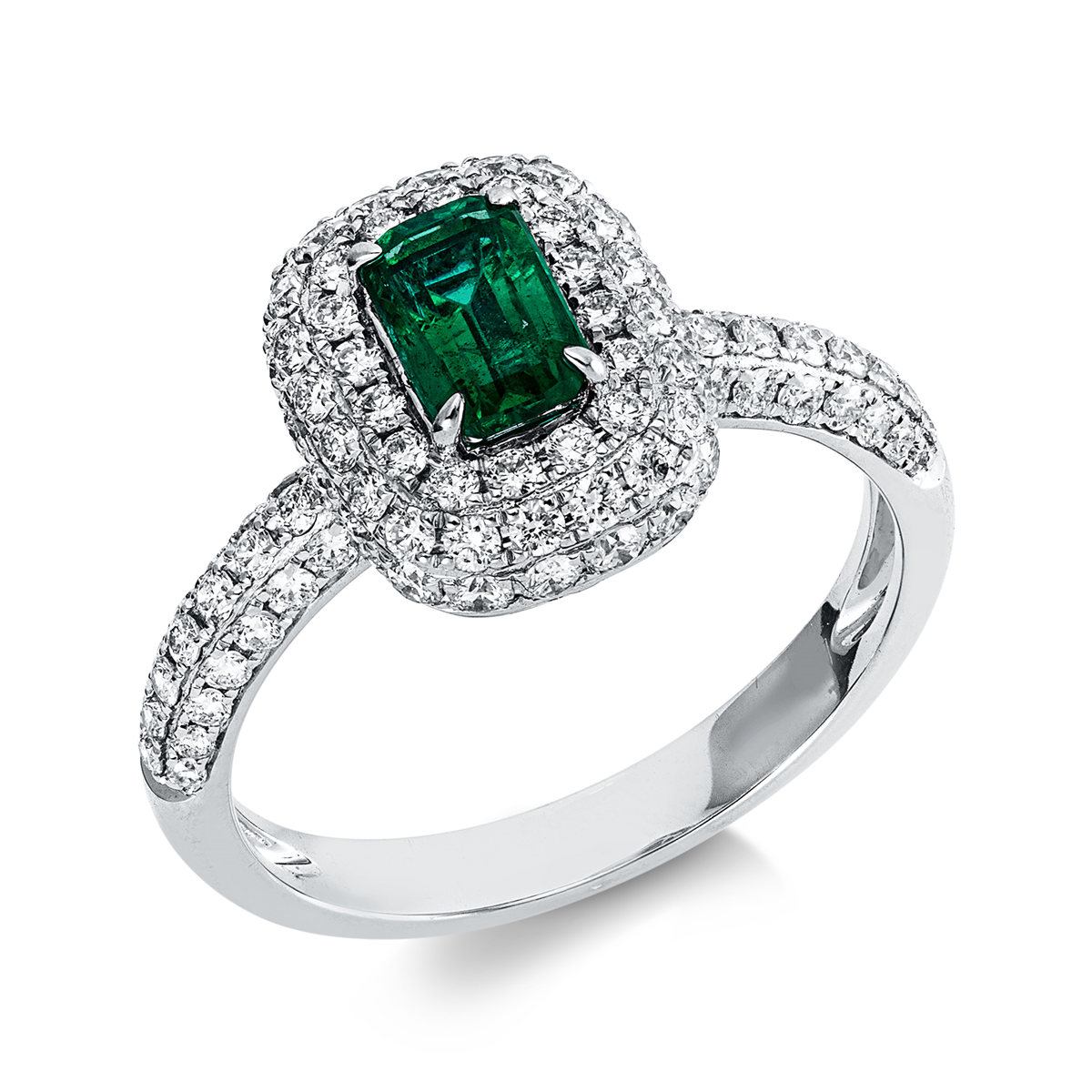 diamond full cut emerald colored stone classic ring in white gold