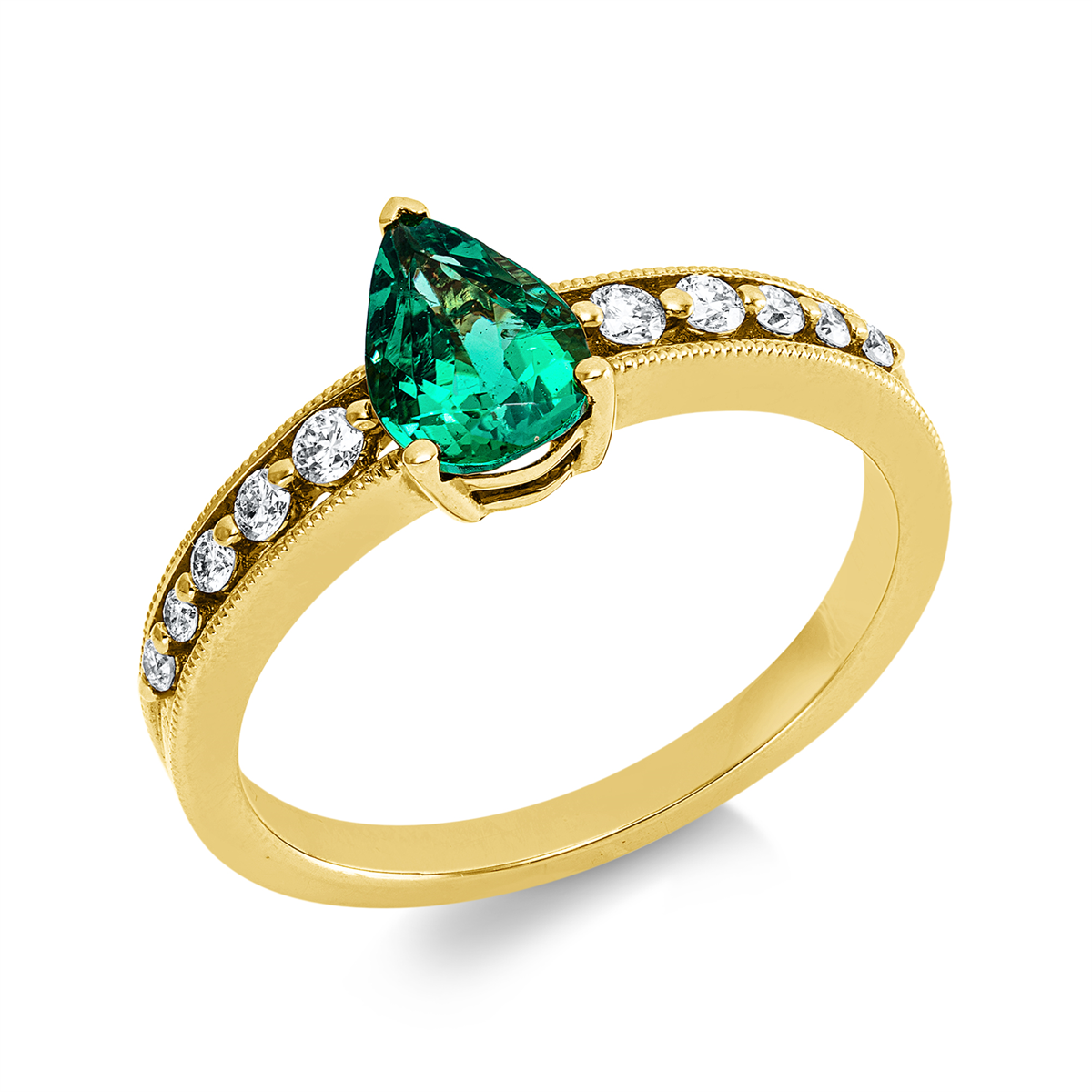diamond full cut emerald colored stone classic ring in yellow gold