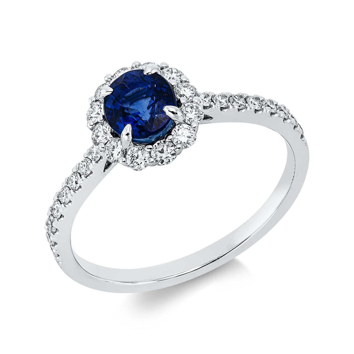 diamond full cut sapphire colored stone classic ring in white gold