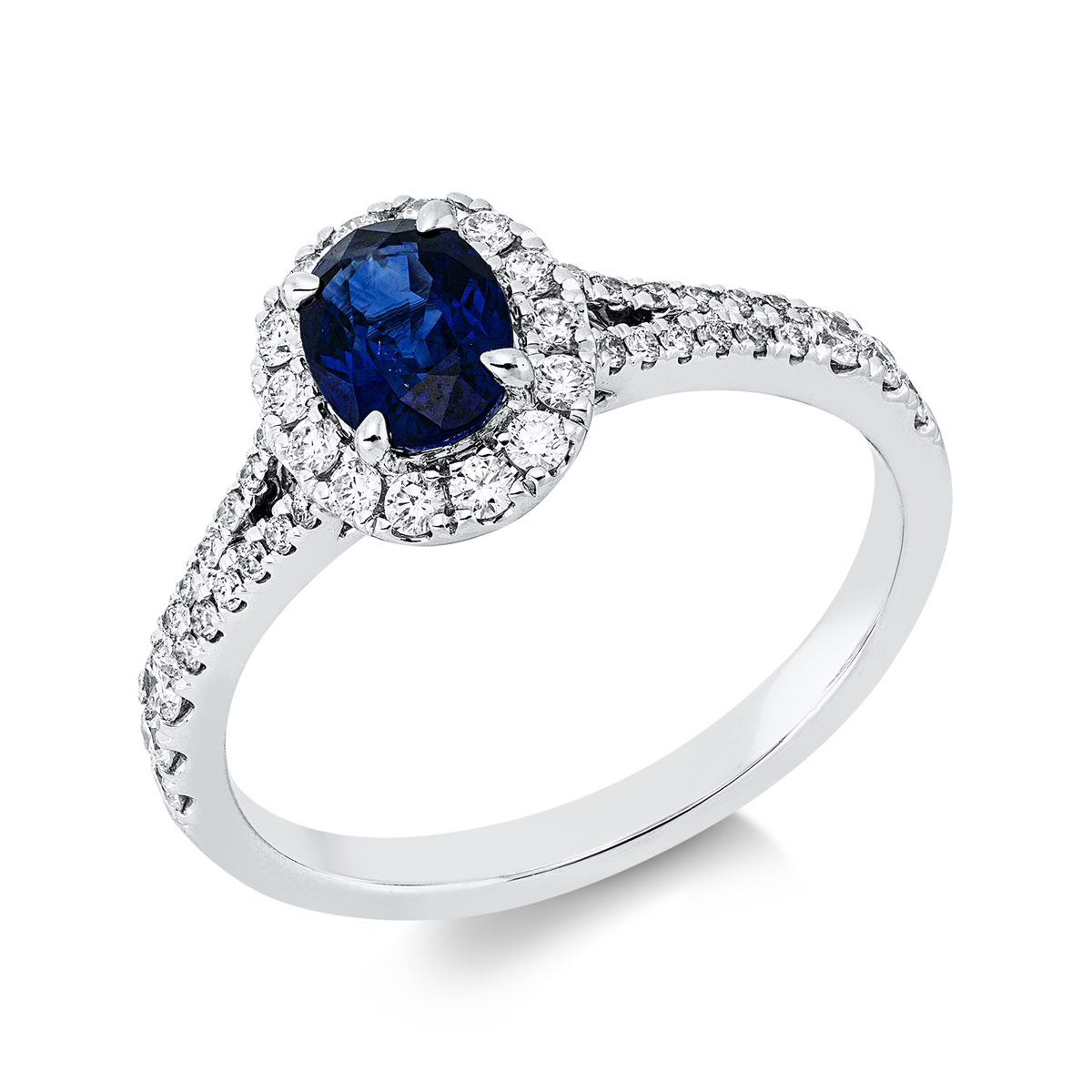 diamond full cut sapphire colored stone classic ring in white gold