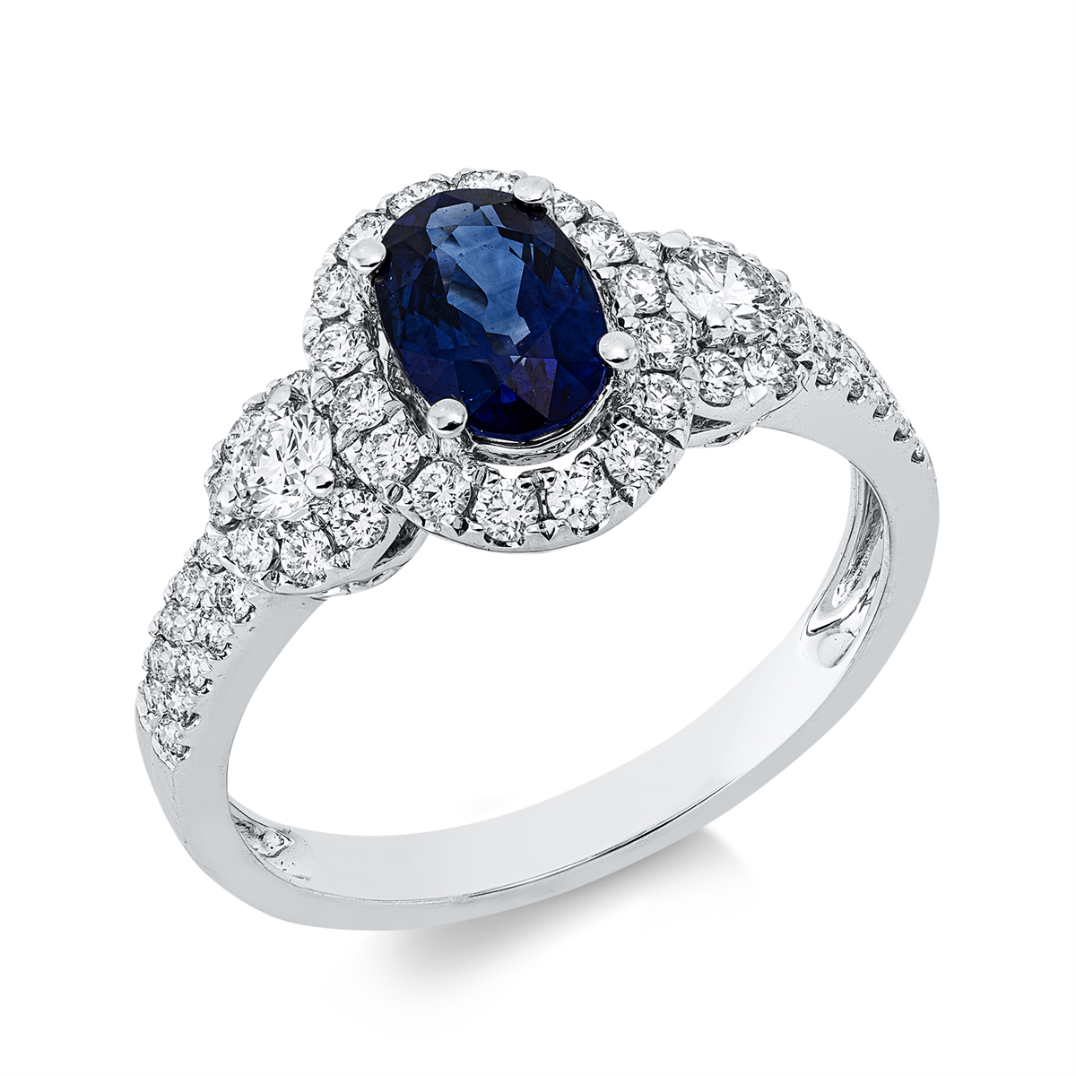 diamond full cut sapphire colored stone classic ring in white gold
