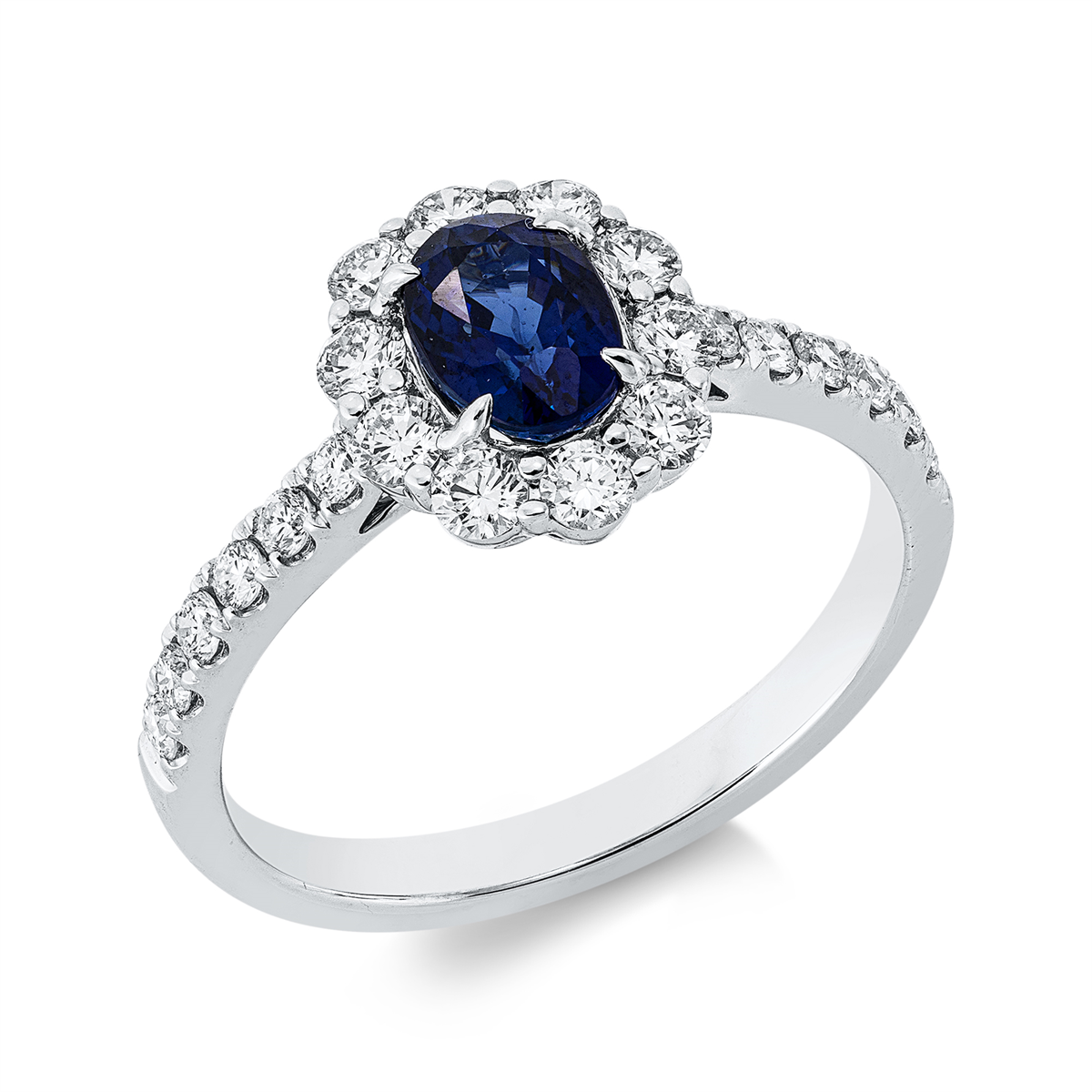 diamond full cut sapphire colored stone classic ring in white gold