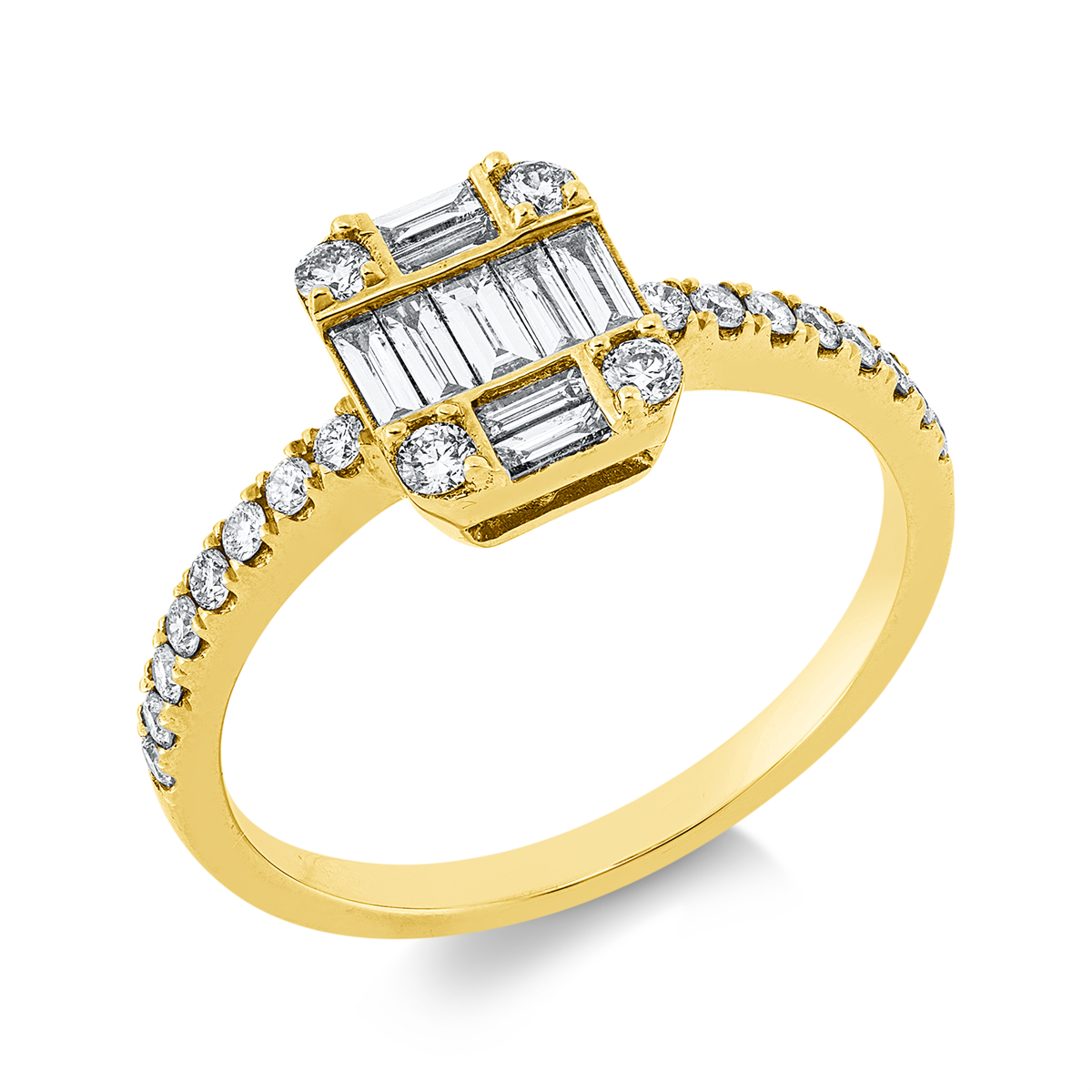diamond full cut baguette illusion ring in yellow gold