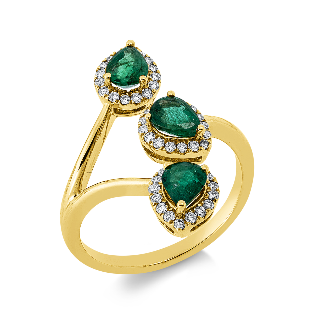 diamond full cut emerald colored stone classic ring in yellow gold