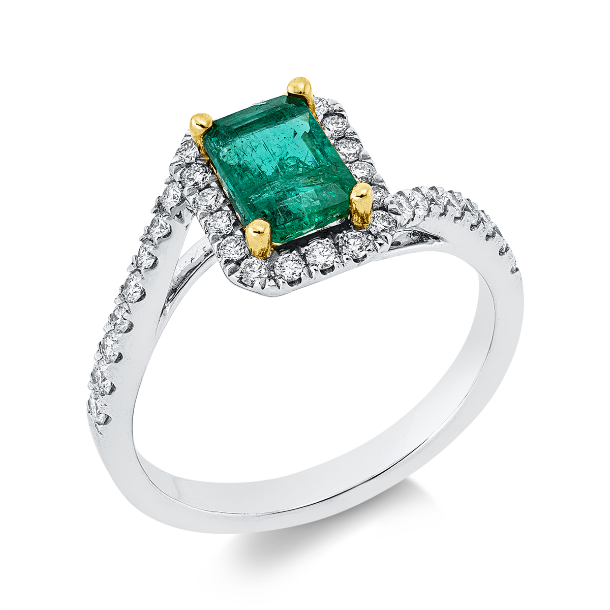 diamond full cut emerald colored stone classic ring in white gold / yellow gold