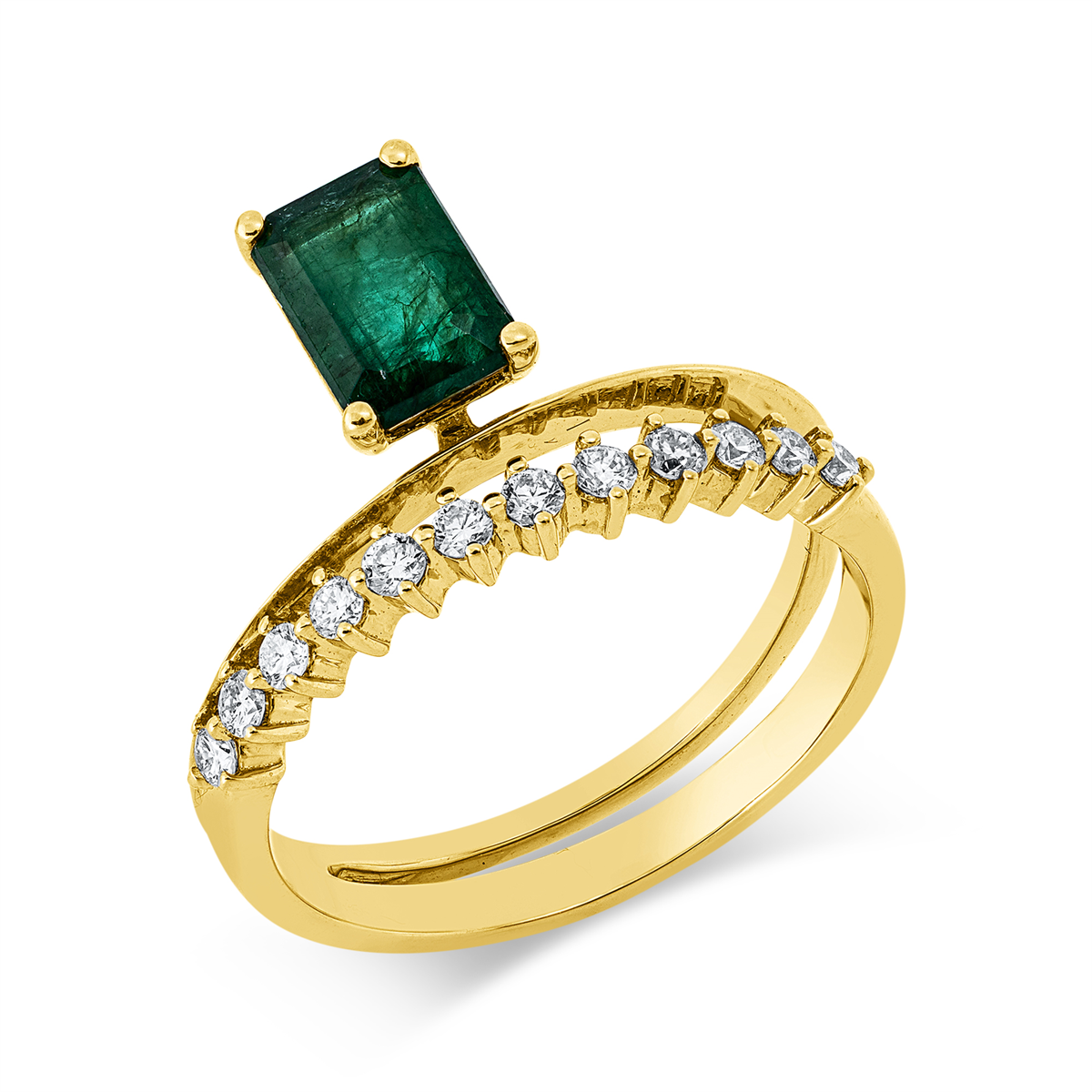 diamond full cut emerald colored stone classic ring in yellow gold