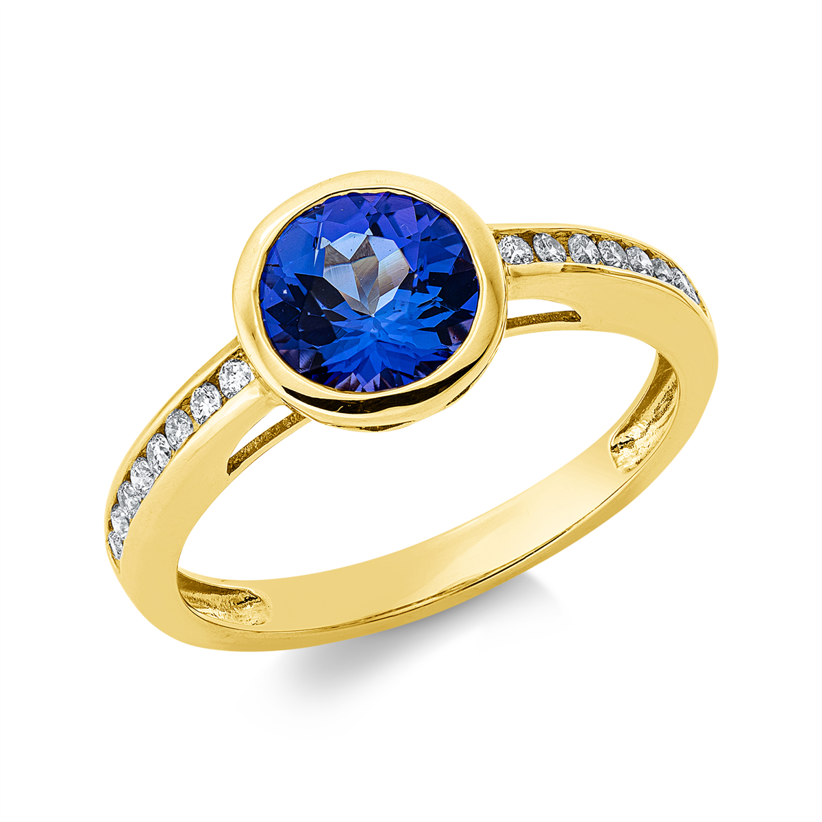 diamond full cut tanzanite colored stone classic ring in yellow gold