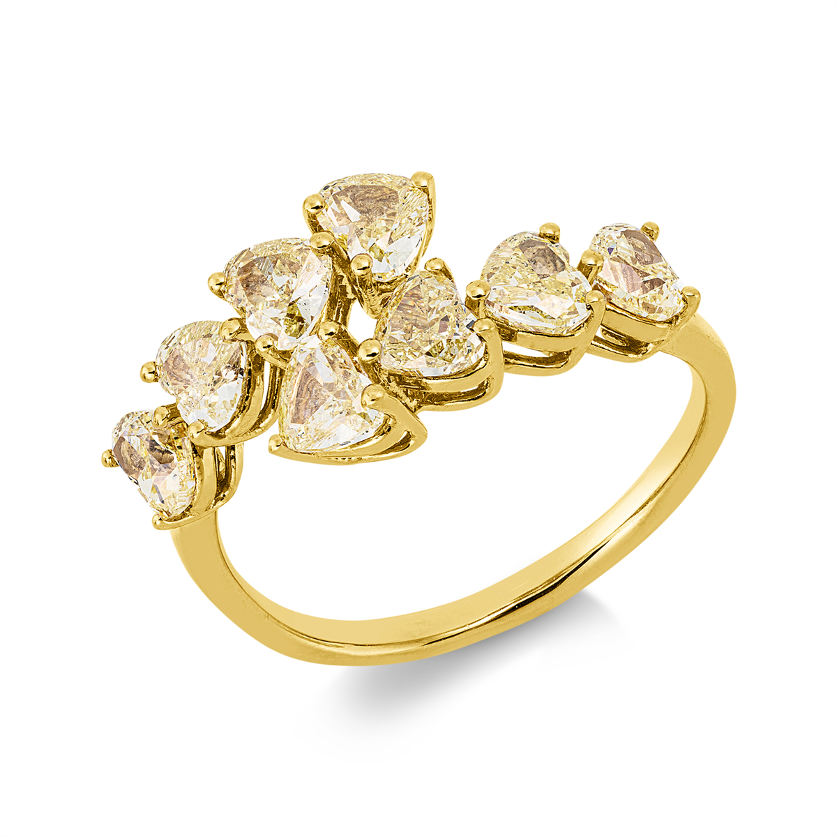 heart shape fancy colored diamond ring in yellow gold