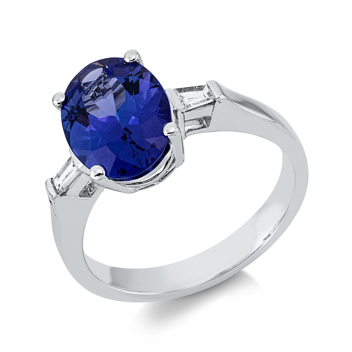 baguette tanzanite colored stone classic ring in white gold