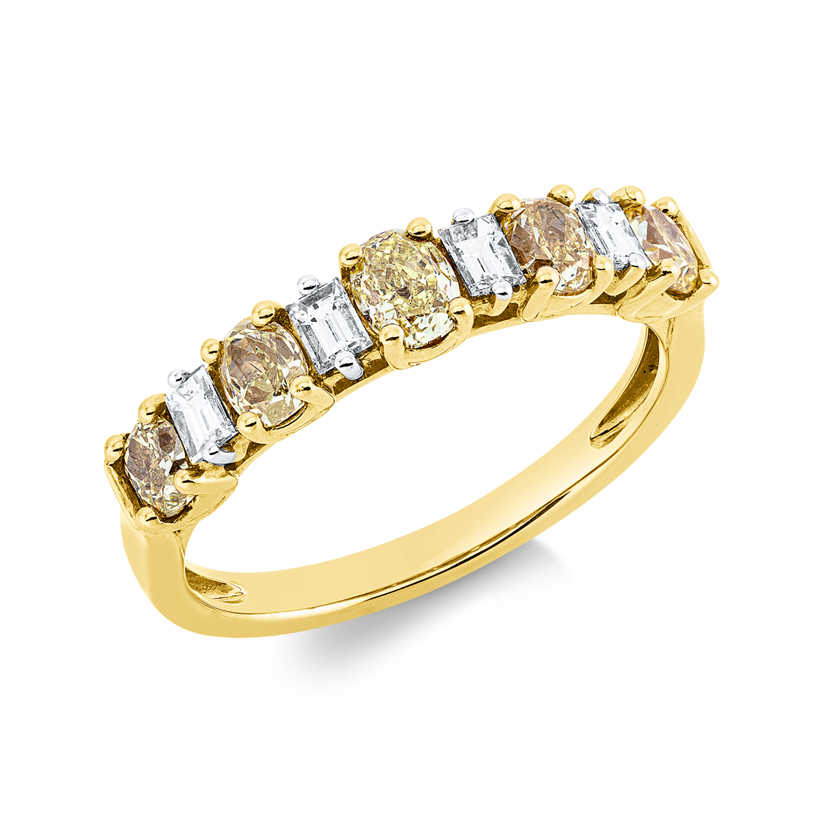 baguette fancy colored diamond ring in yellow gold