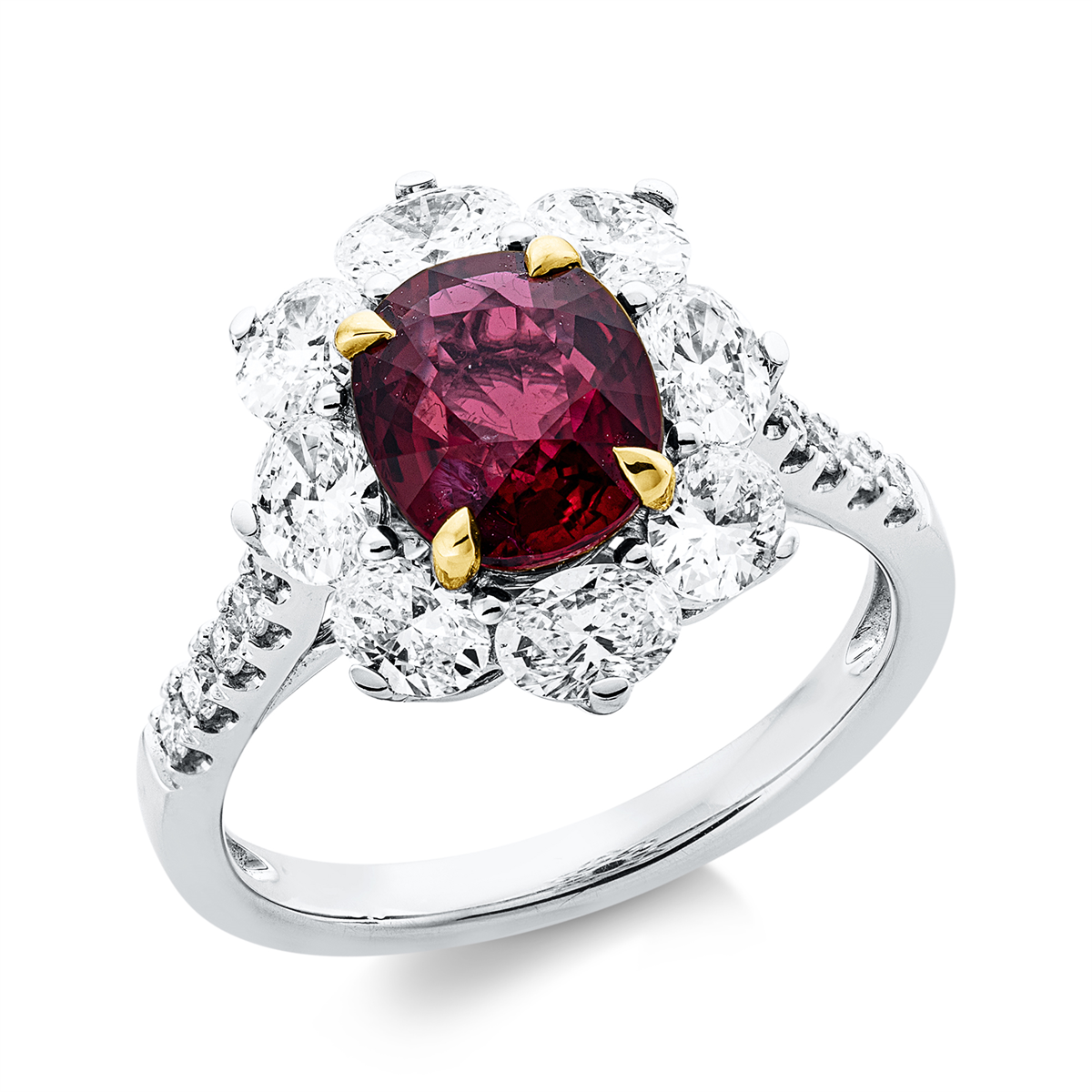 diamond full cut ruby colored stone classic ring in white gold / yellow gold
