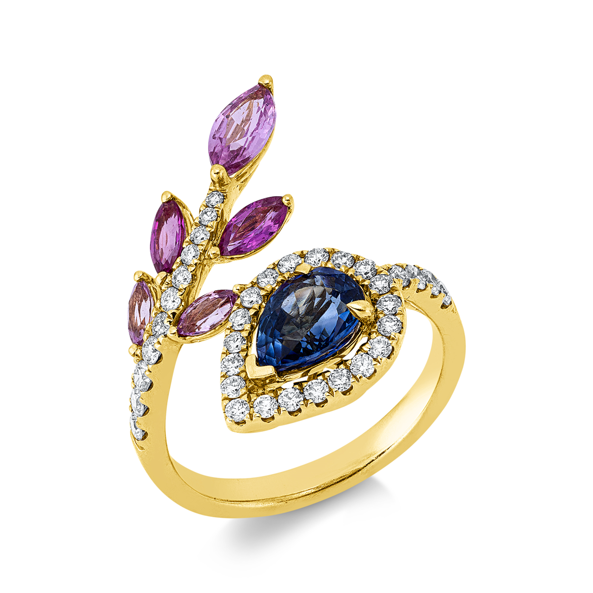 diamond full cut sapphire colored stone classic ring in yellow gold