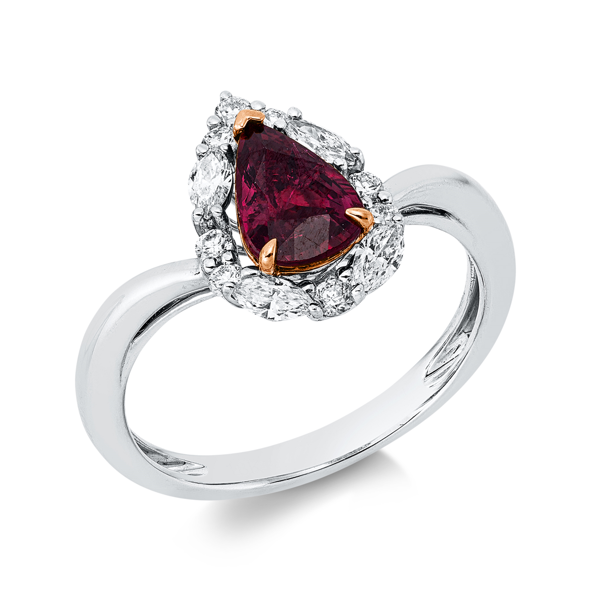 diamond full cut ruby colored stone classic ring in white gold / yellow gold