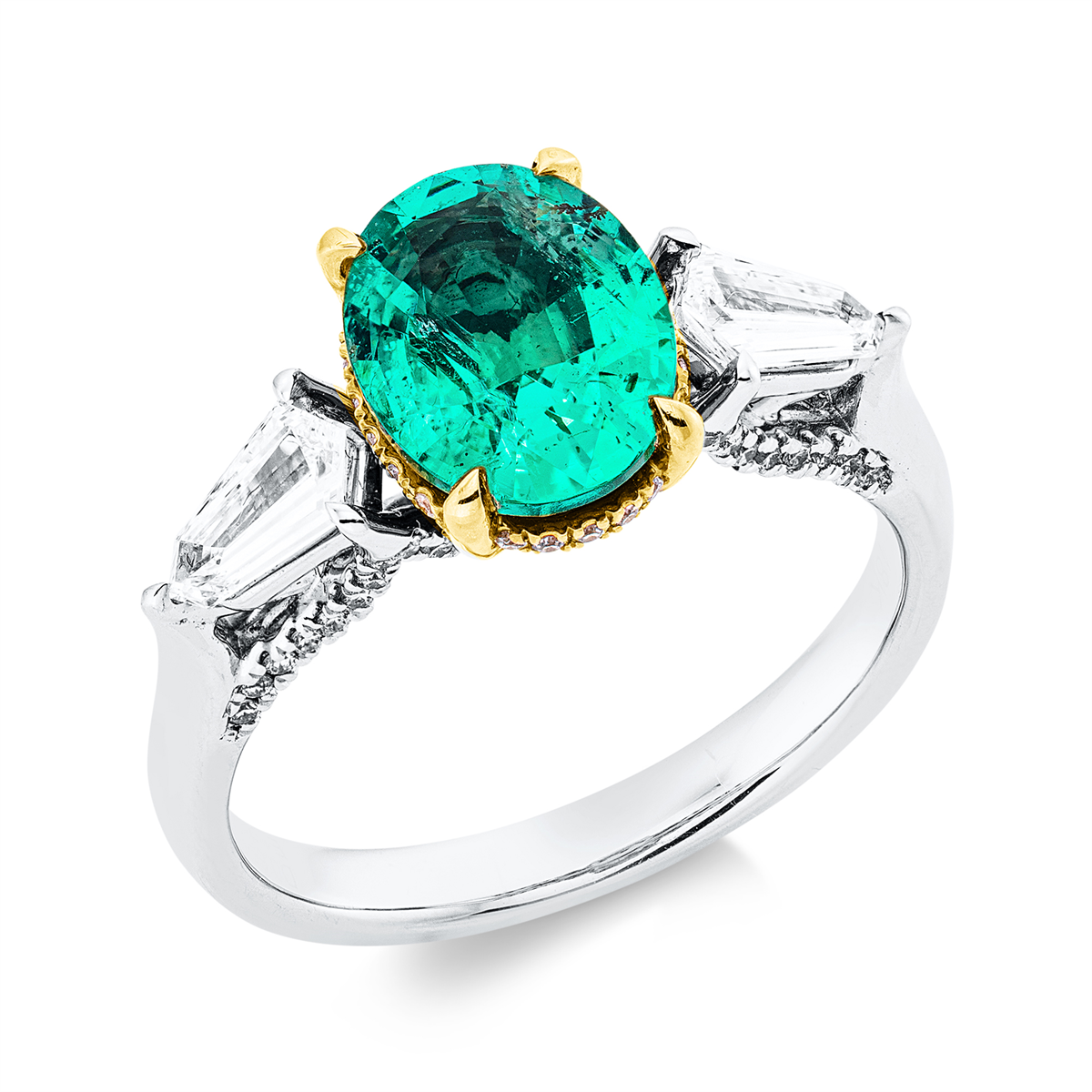 diamond full cut emerald colored stone classic ring in white gold / yellow gold